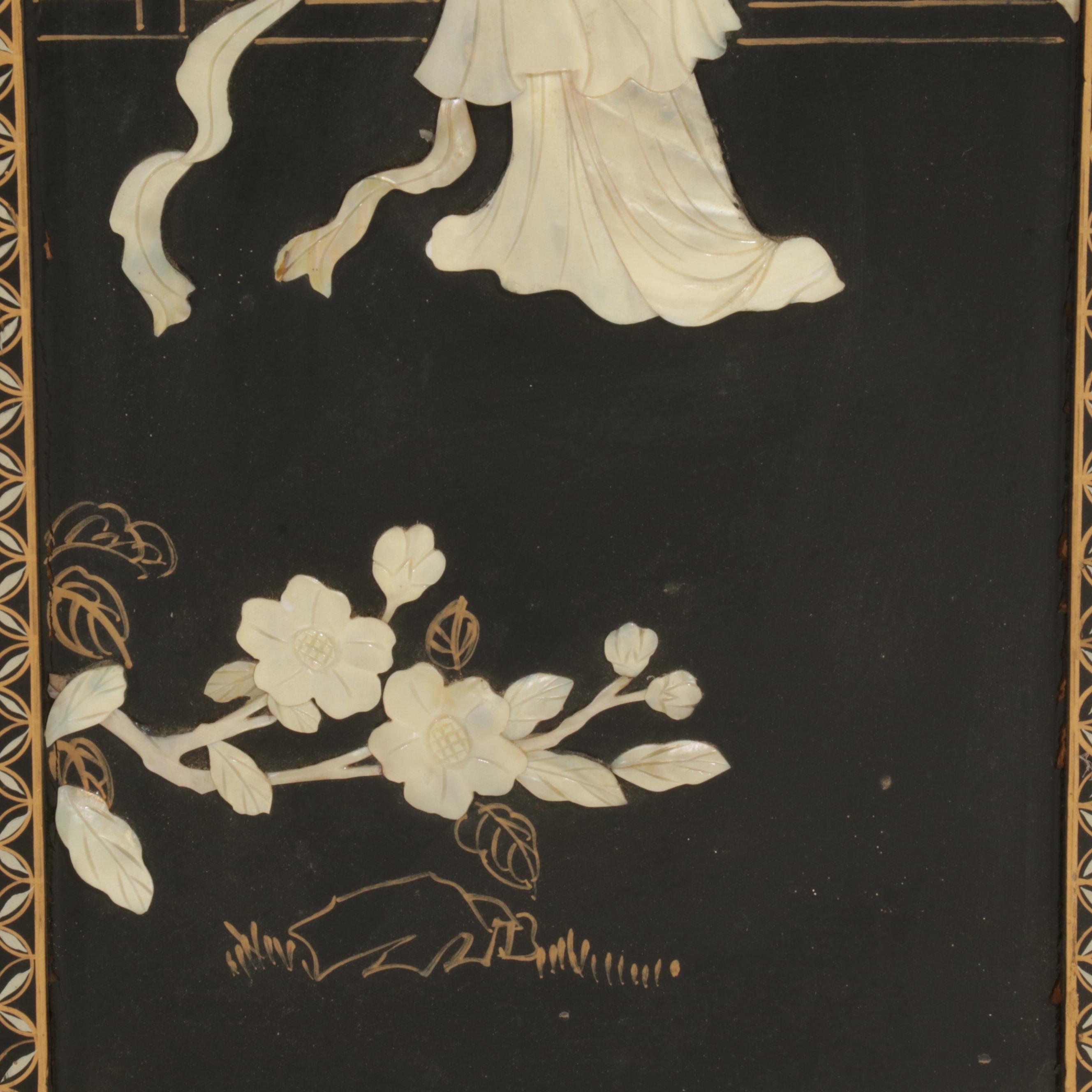 Chinese Style Black Lacquered and Painted Hanging Panels With Inlaid Resin