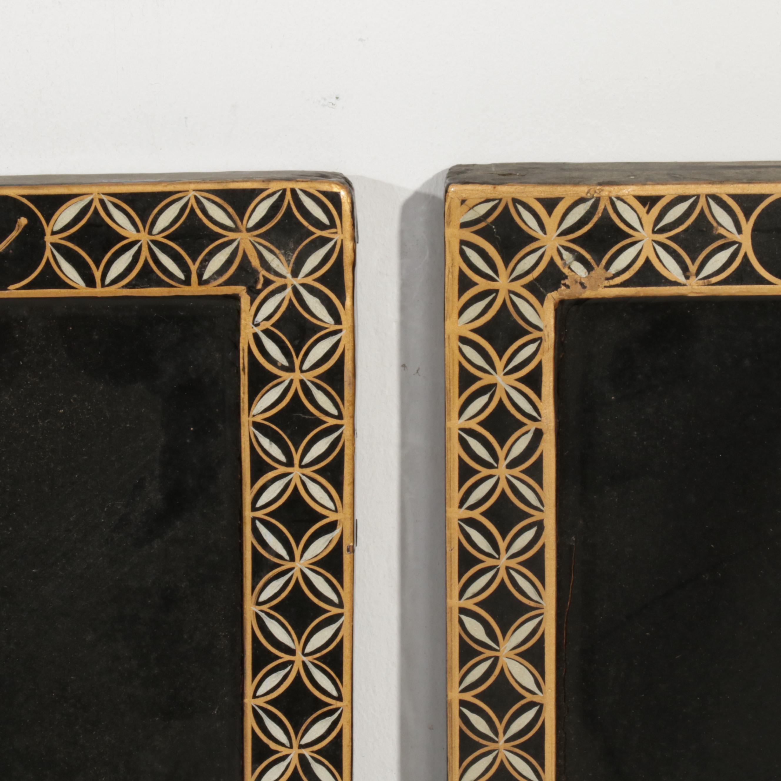 Chinese Style Black Lacquered and Painted Hanging Panels With Inlaid Resin