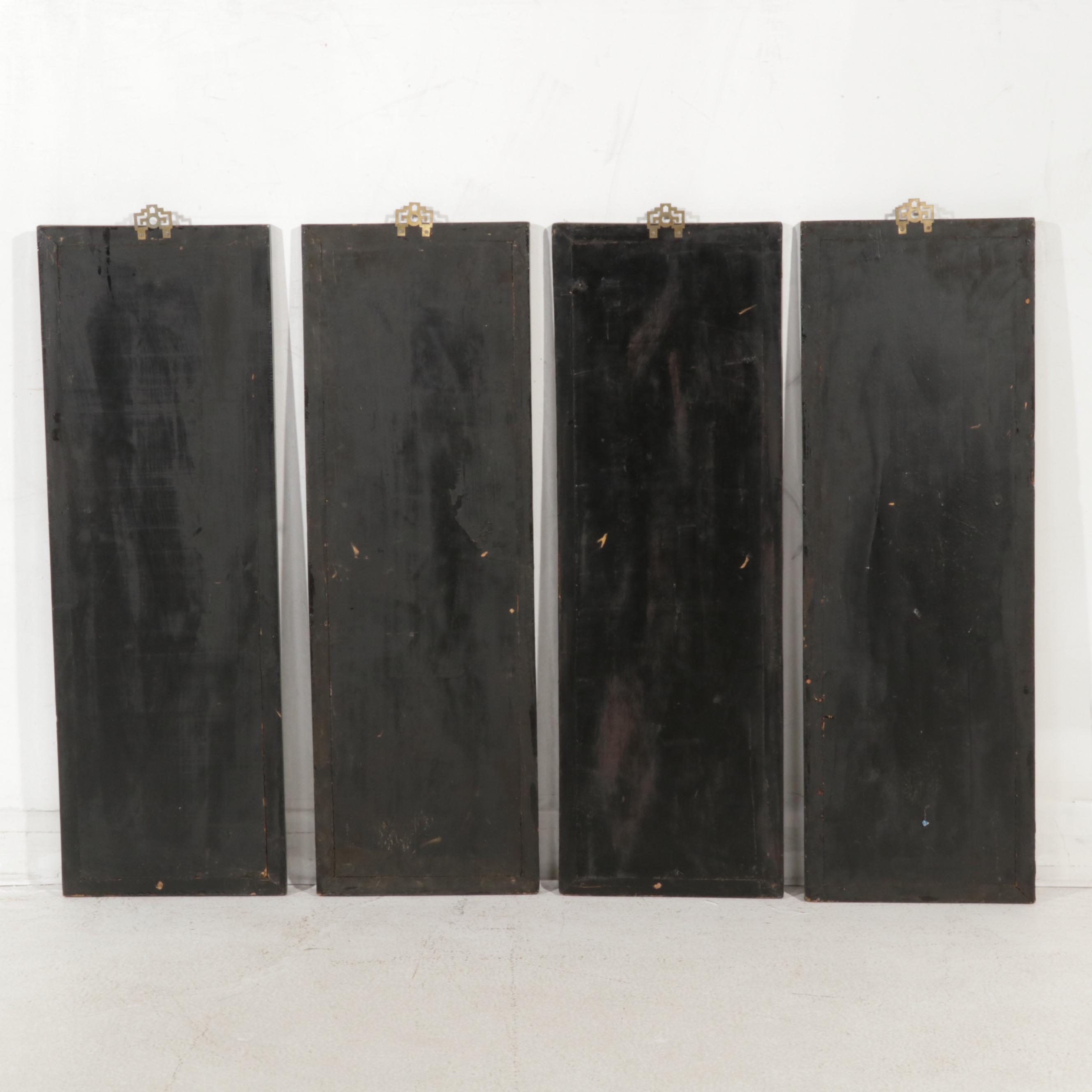 Chinese Style Black Lacquered and Painted Hanging Panels With Inlaid Resin