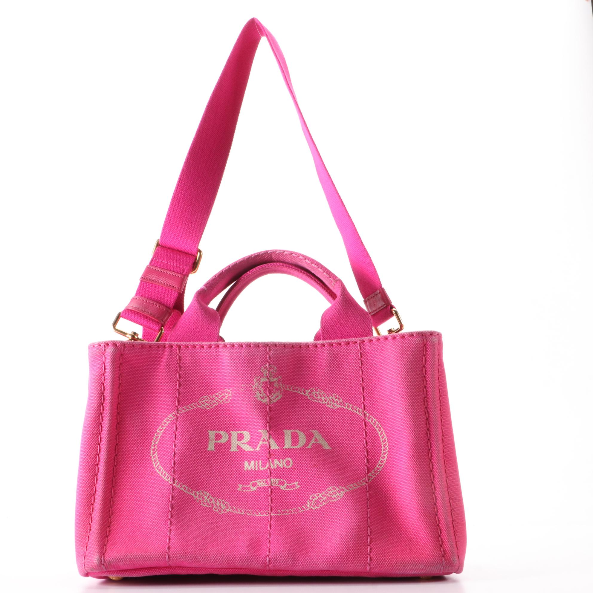 Prada Small Logo Tote in Fuchsia Canvas with Shoulder Strap