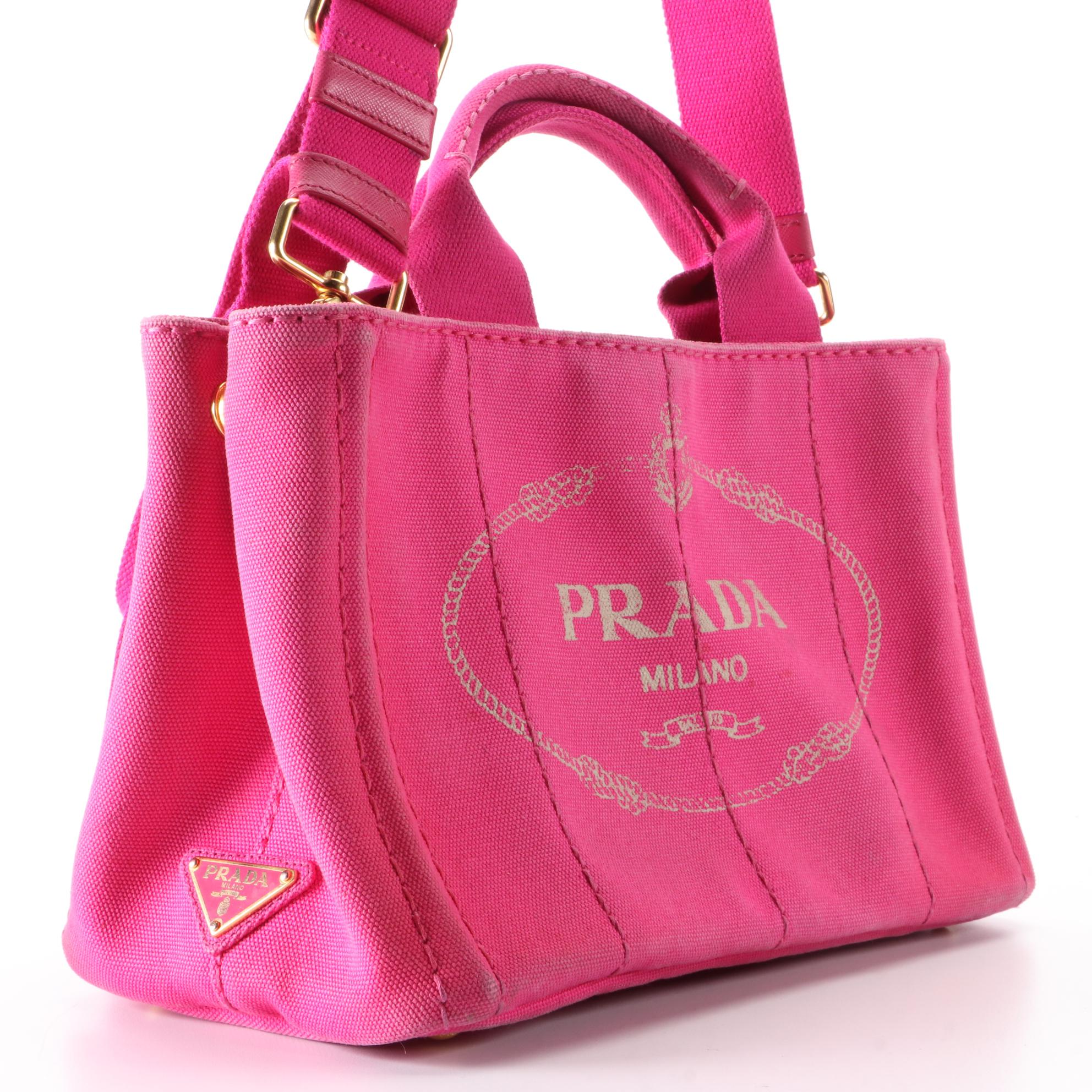Prada Small Logo Tote in Fuchsia Canvas with Shoulder Strap