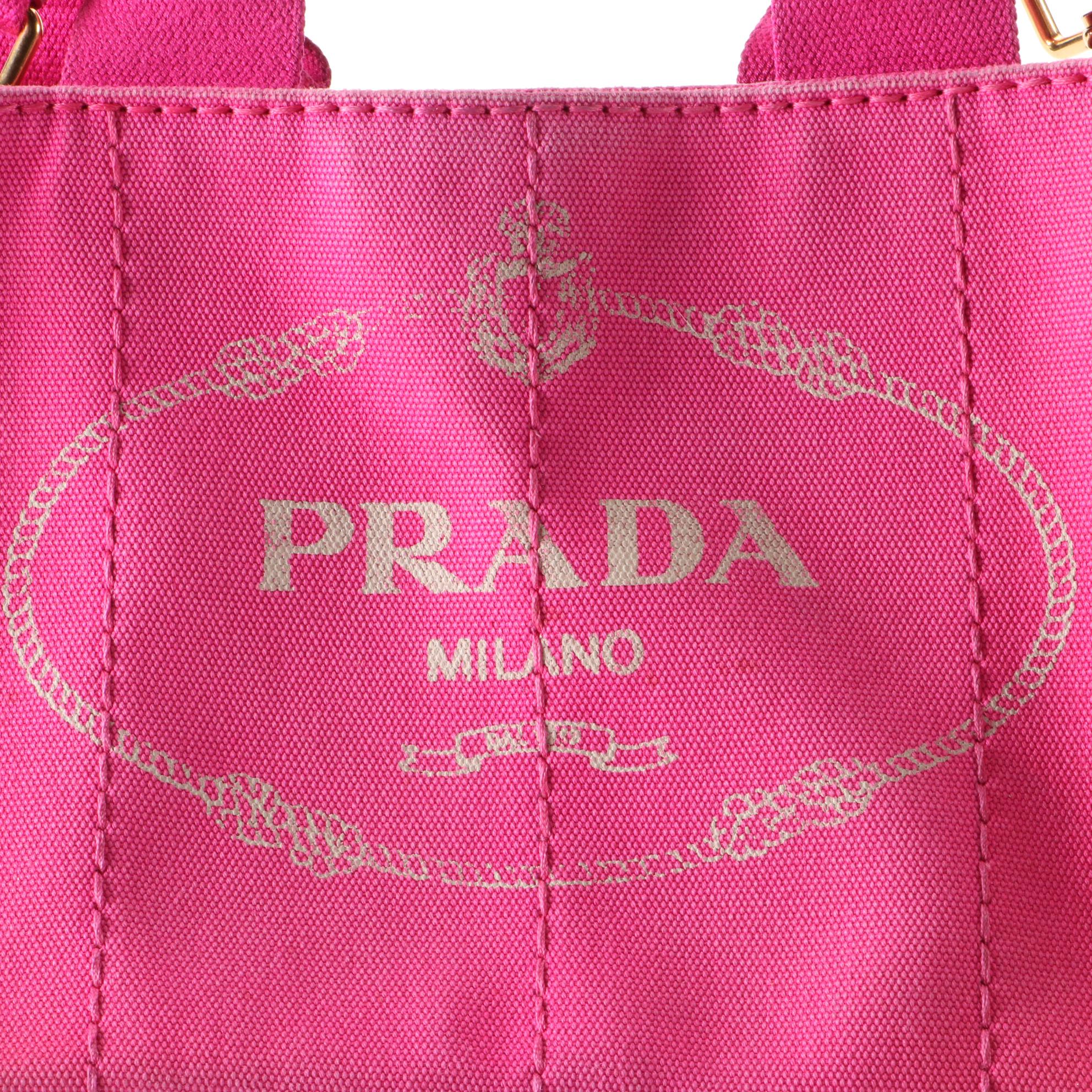 Prada Small Logo Tote in Fuchsia Canvas with Shoulder Strap