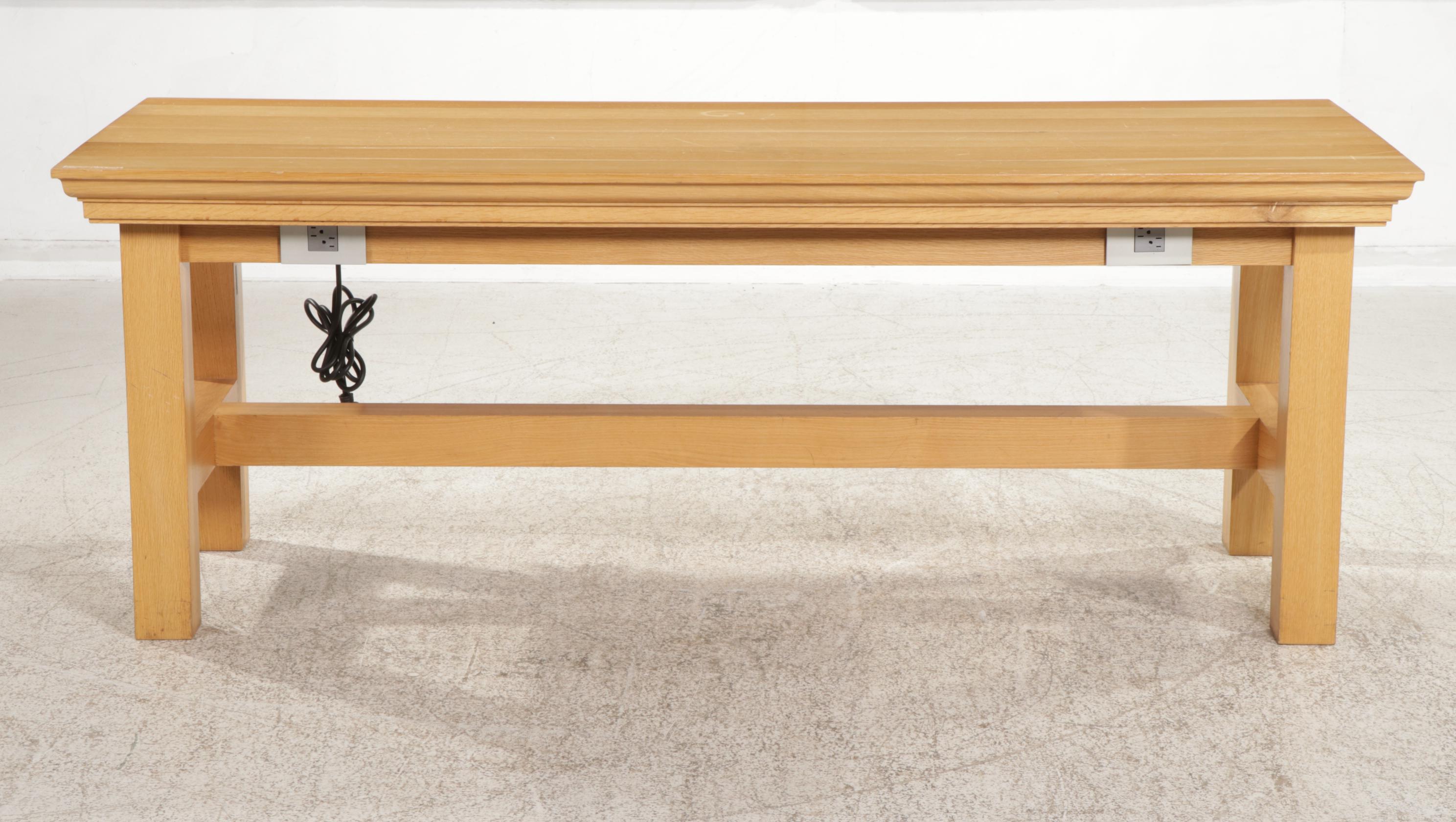 Contemporary Blonde Wood Work Station Table with Electrical Outlets