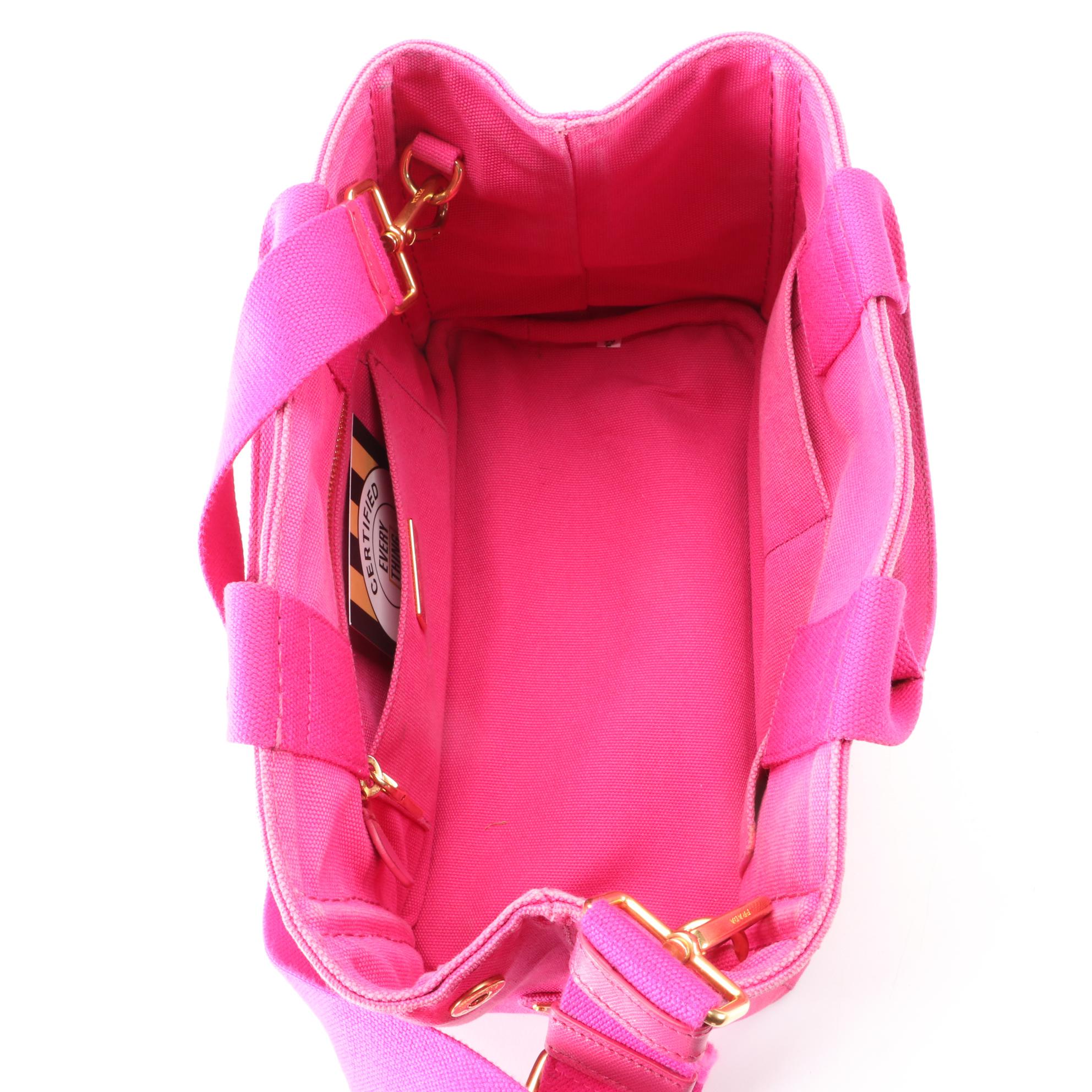 Prada Small Logo Tote in Fuchsia Canvas with Shoulder Strap
