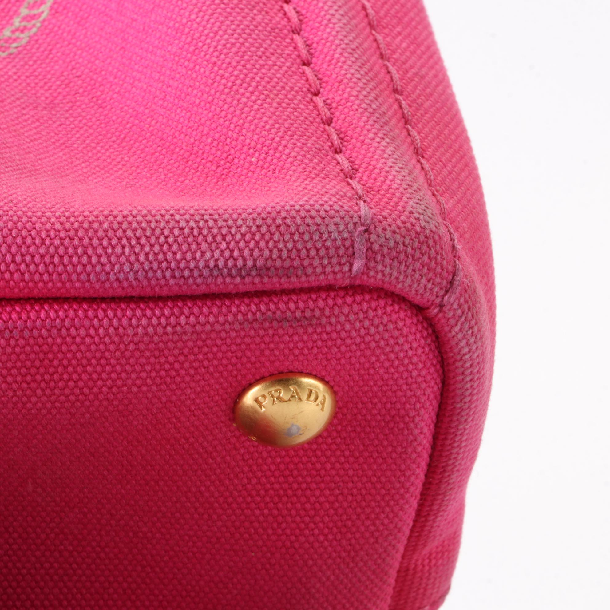 Prada Small Logo Tote in Fuchsia Canvas with Shoulder Strap