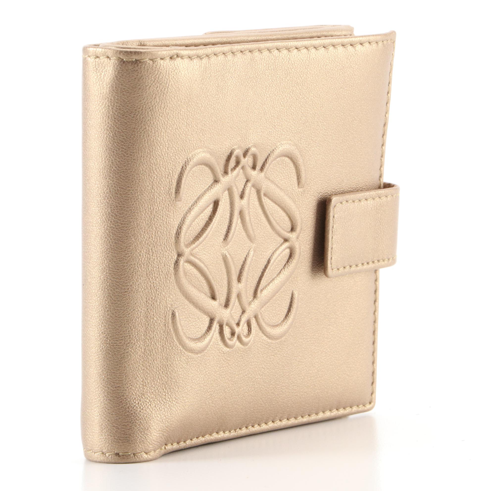 Loewe Anagram Compact Wallet in Matte Metallic Gold Leather with Box