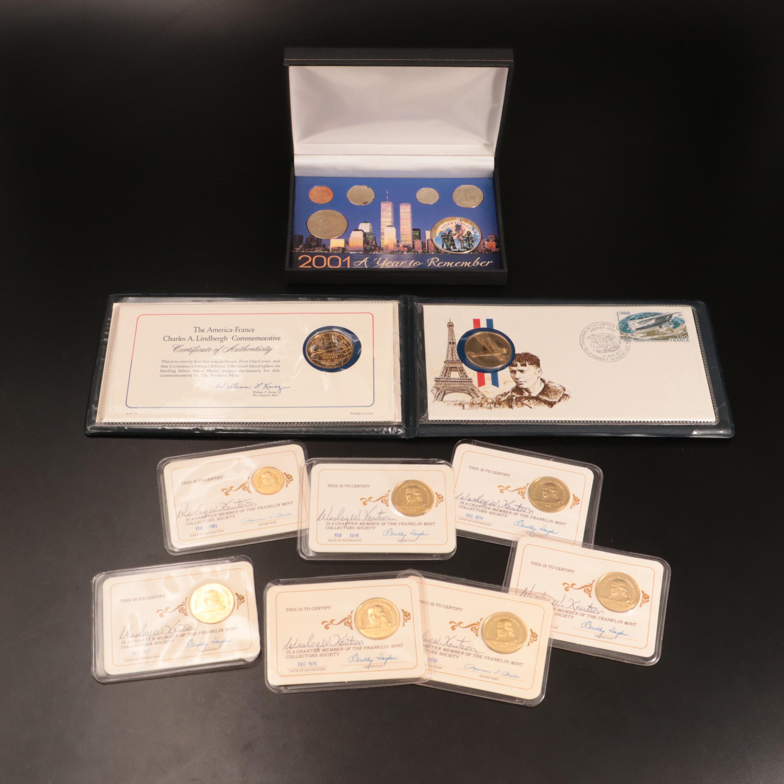 2001 Type Coin Set, Franklin Mint Membership Silver Tokens, and First Day Cover