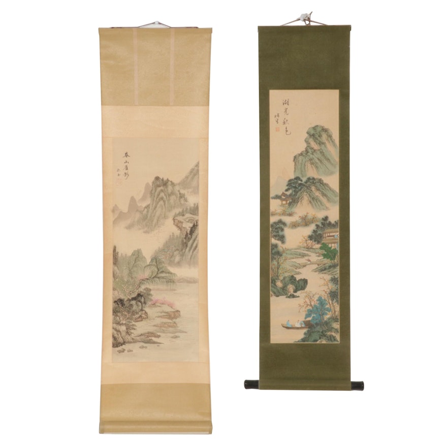 East Asian Watercolor and Gouache Painting Hanging Scrolls of Mountains