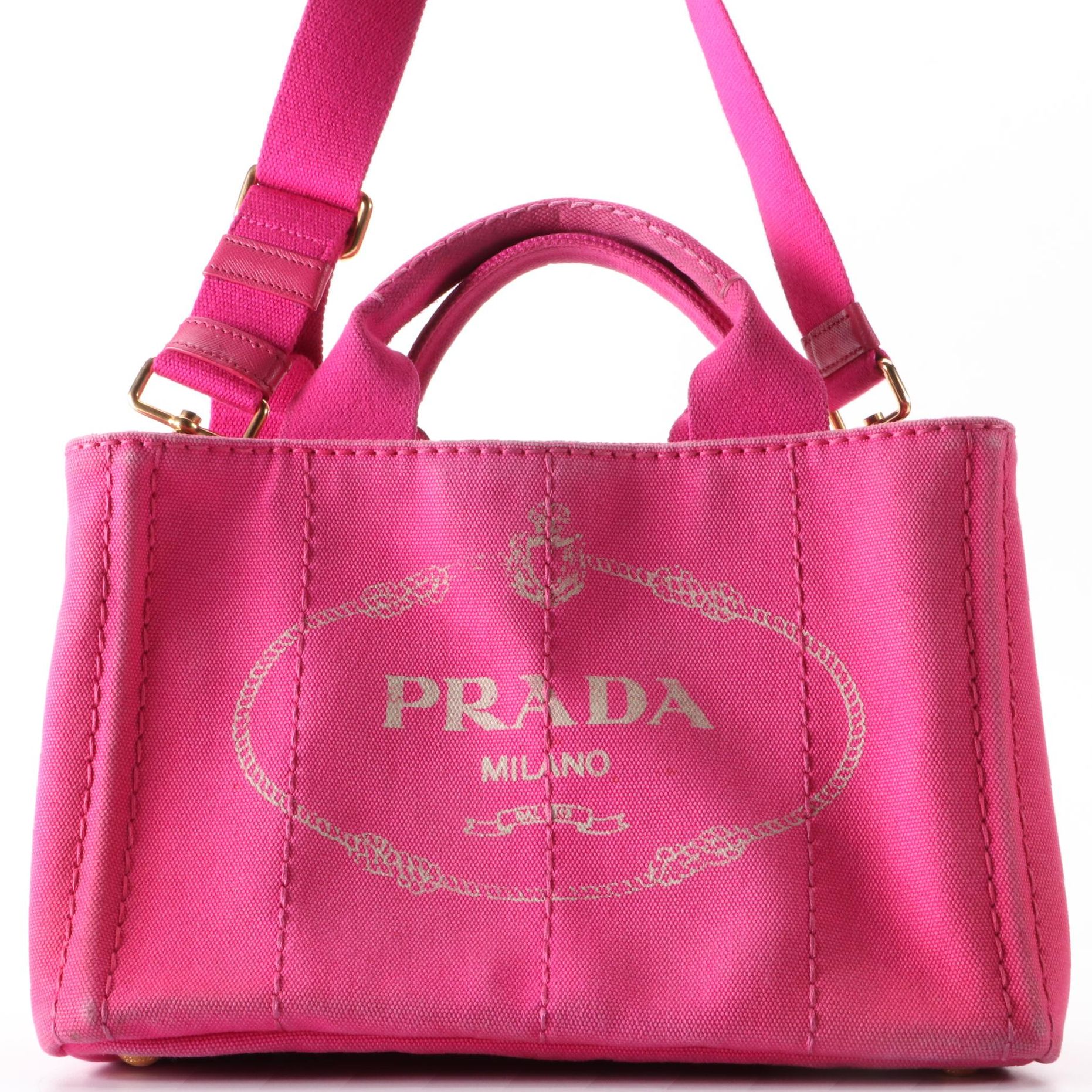 Prada Small Logo Tote in Fuchsia Canvas with Shoulder Strap