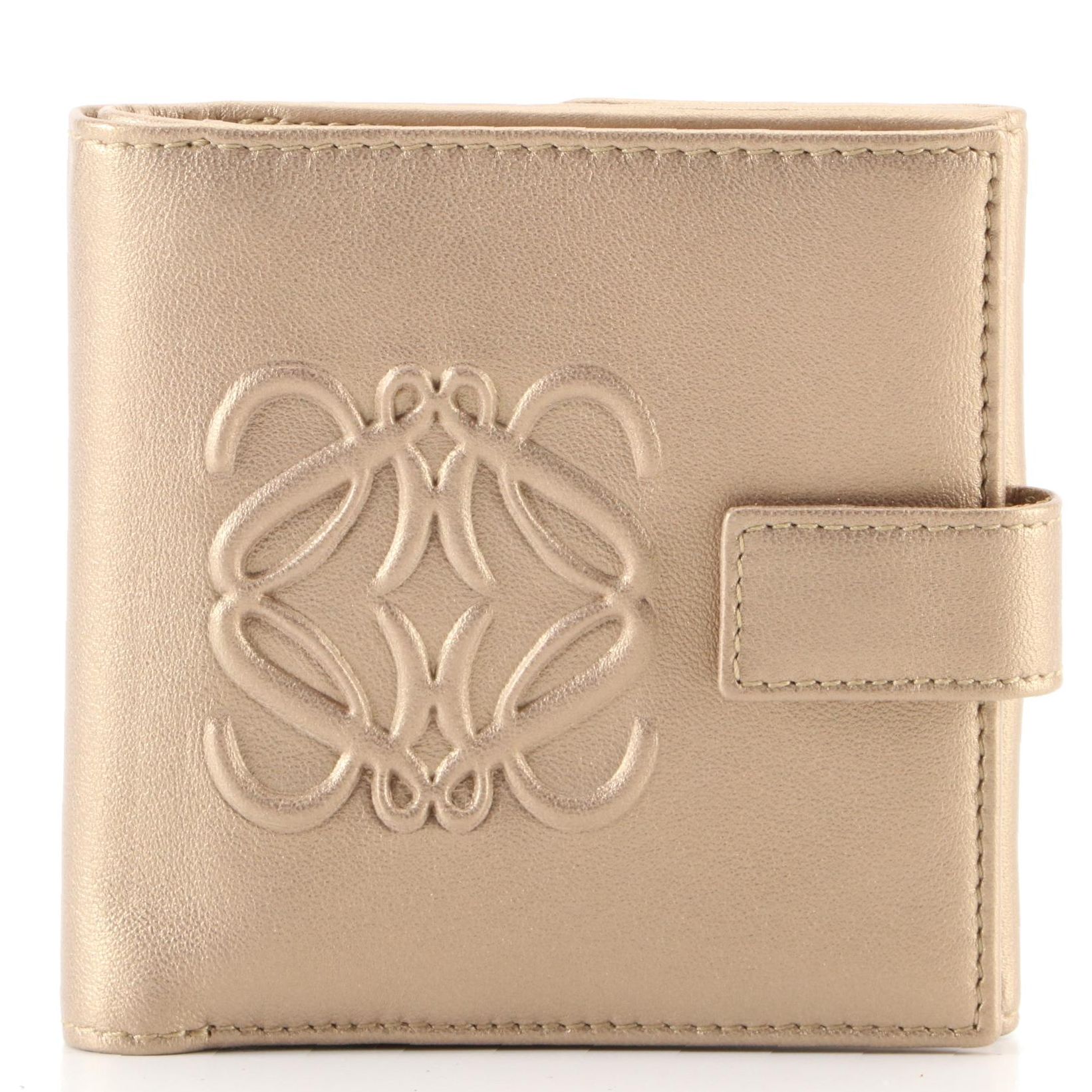 Loewe Anagram Compact Wallet in Matte Metallic Gold Leather with Box