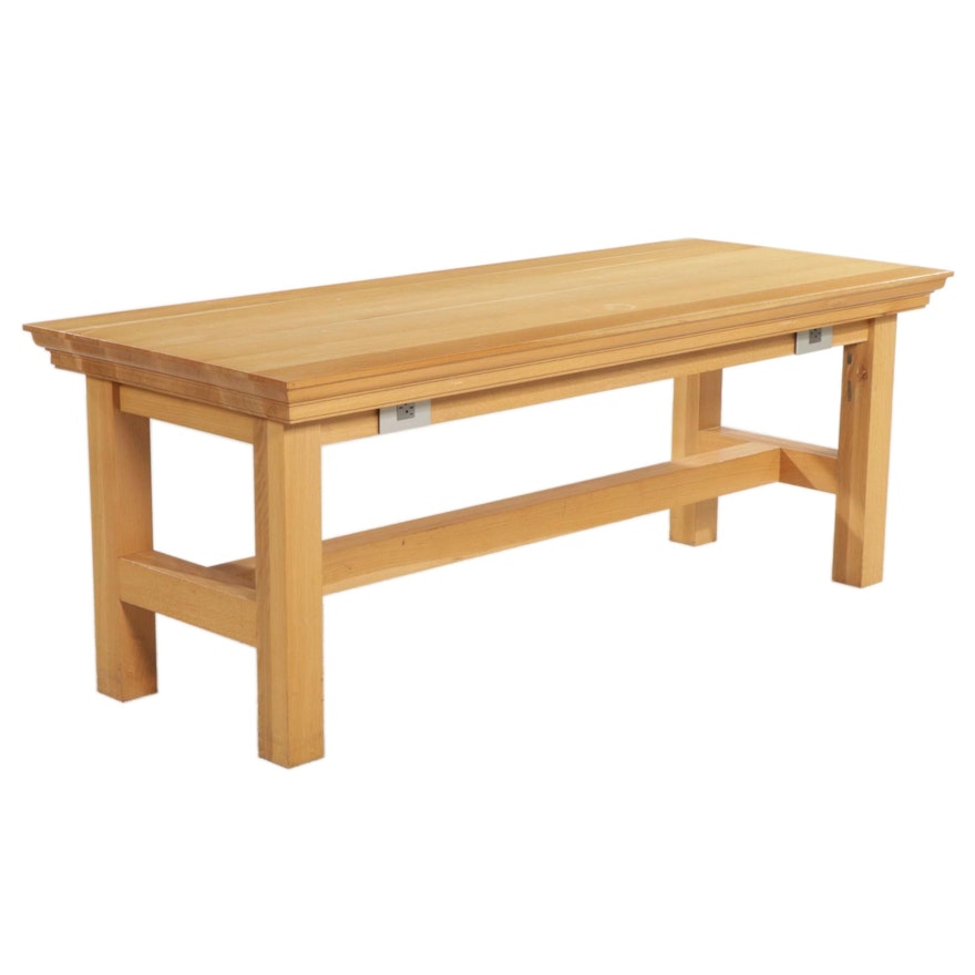 Contemporary Blonde Wood Work Station Table with Electrical Outlets