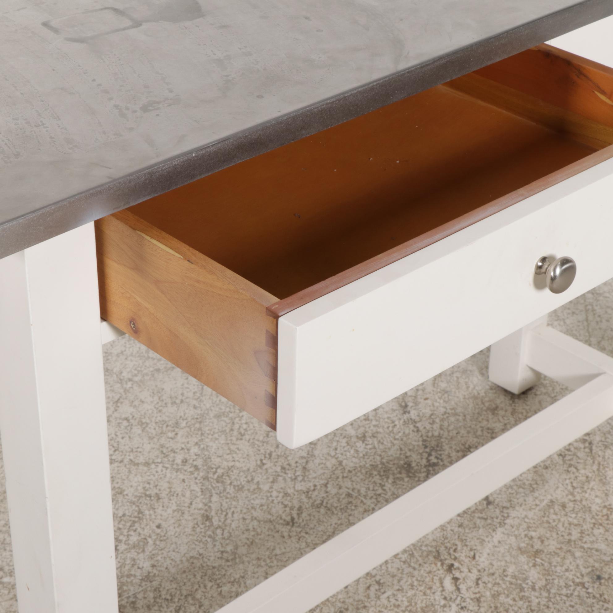 Pottery Barn Kitchen Work Table with Brushed Metal Top, 21st Century