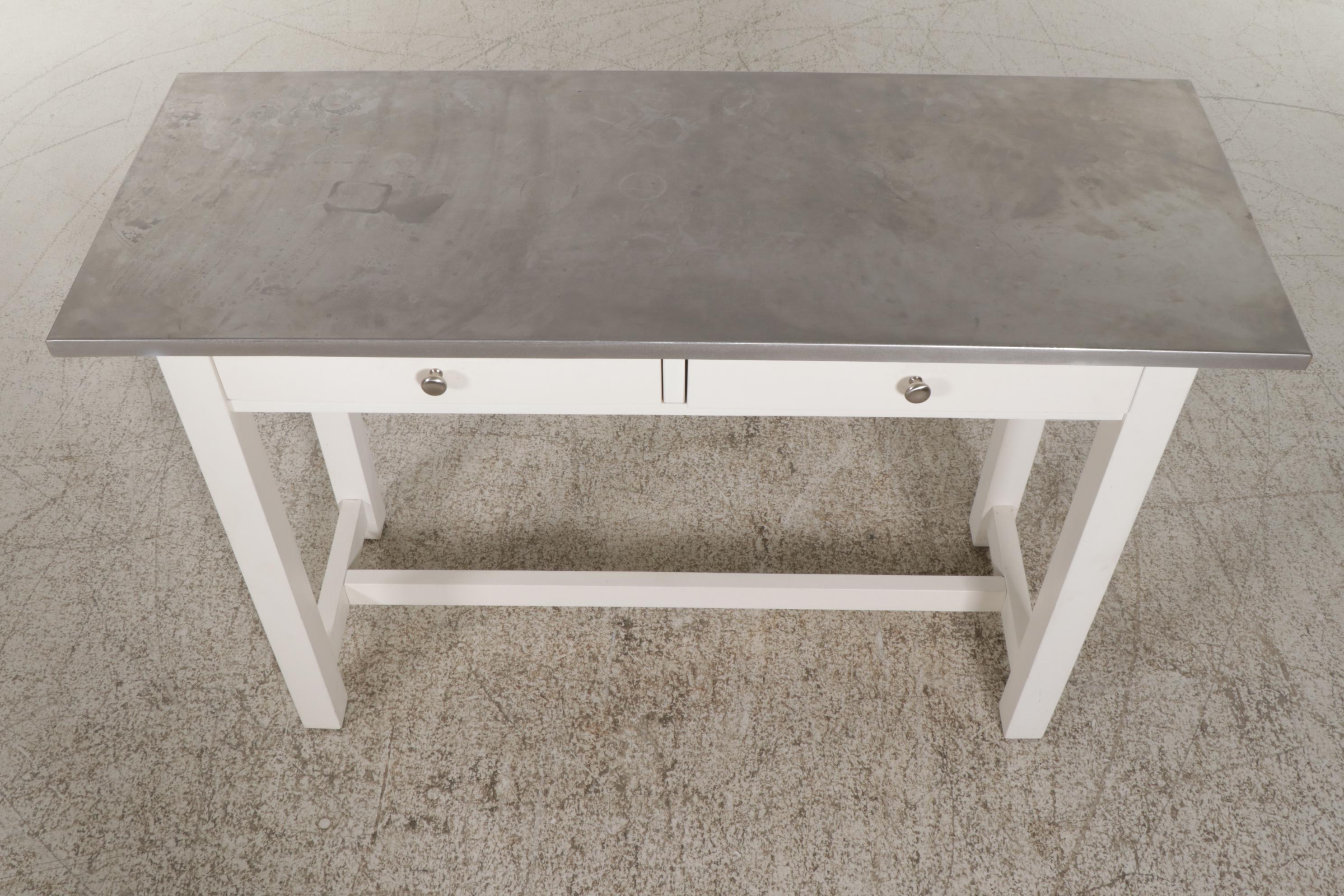 Pottery Barn Kitchen Work Table with Brushed Metal Top, 21st Century