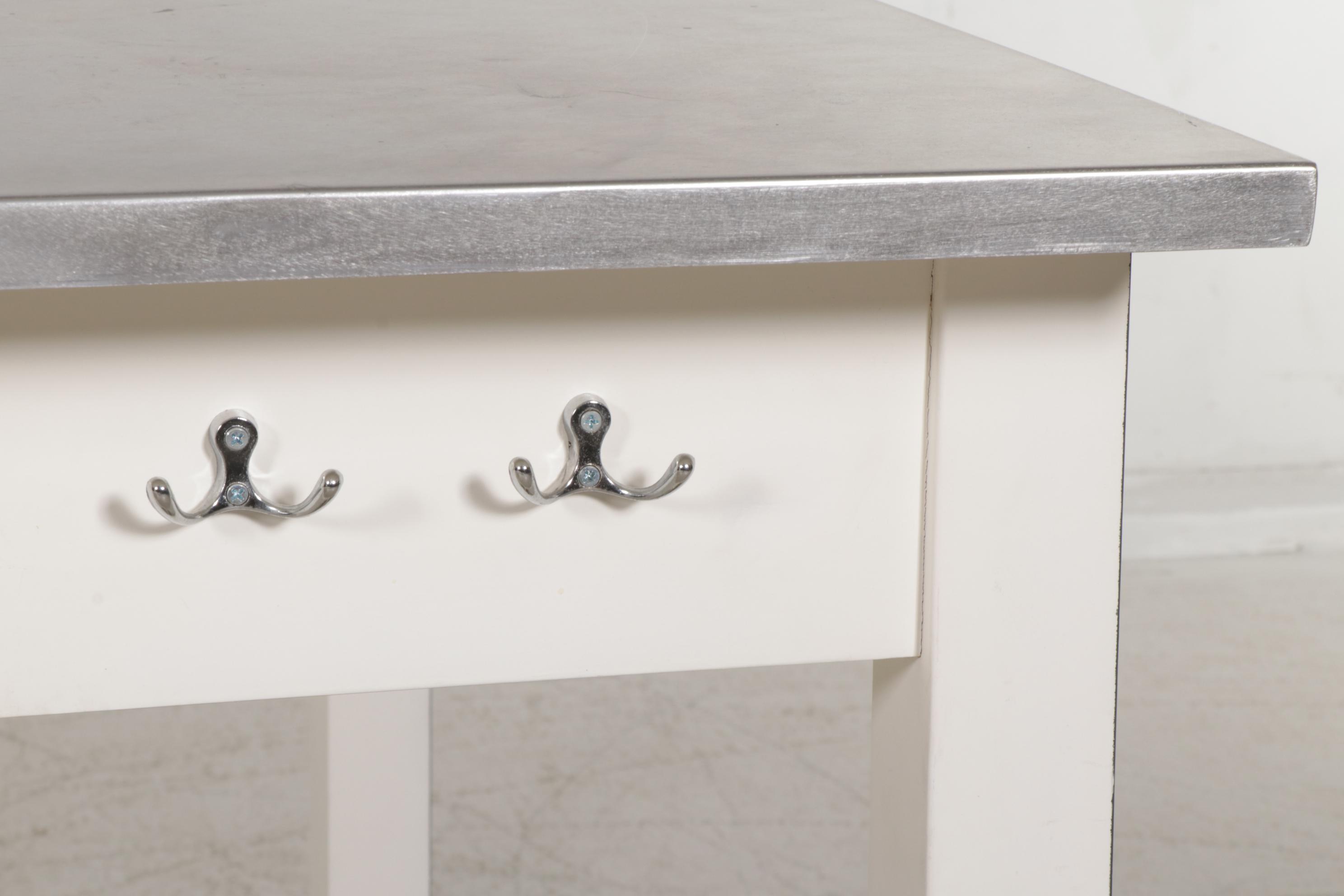 Pottery Barn Kitchen Work Table with Brushed Metal Top, 21st Century