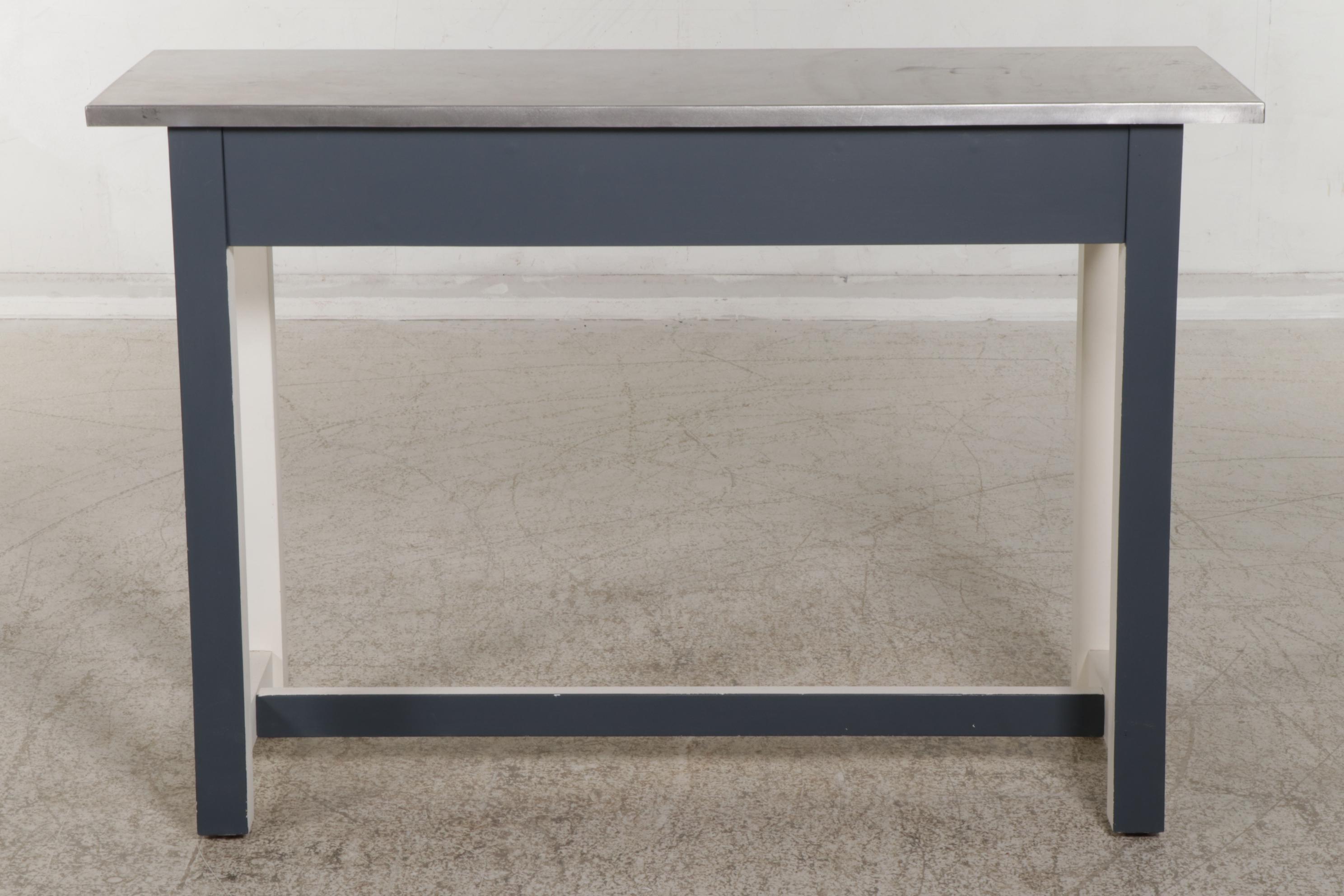 Pottery Barn Kitchen Work Table with Brushed Metal Top, 21st Century