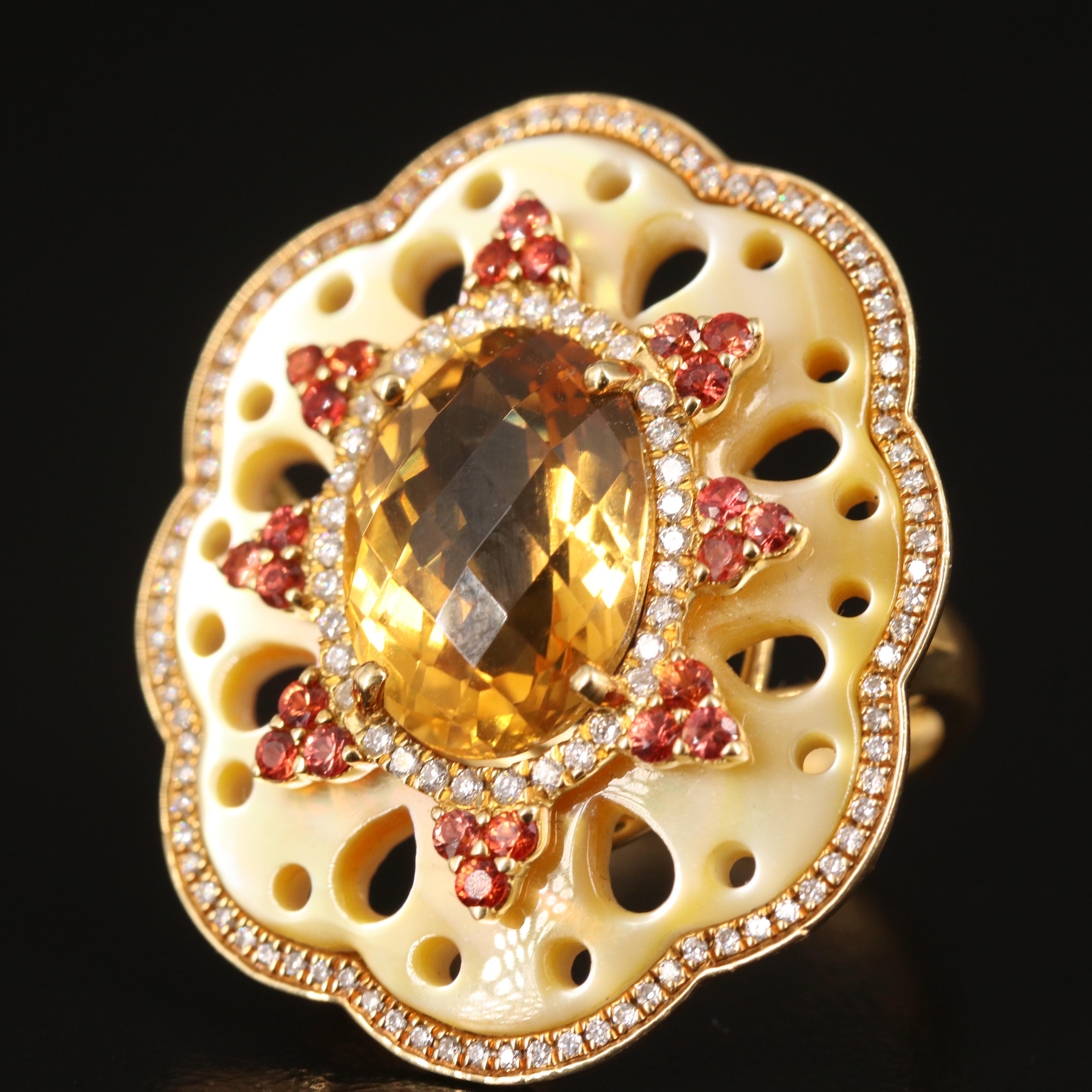 18K Citrine and Shell Ring with Diamond Halo and Sapphire Accents