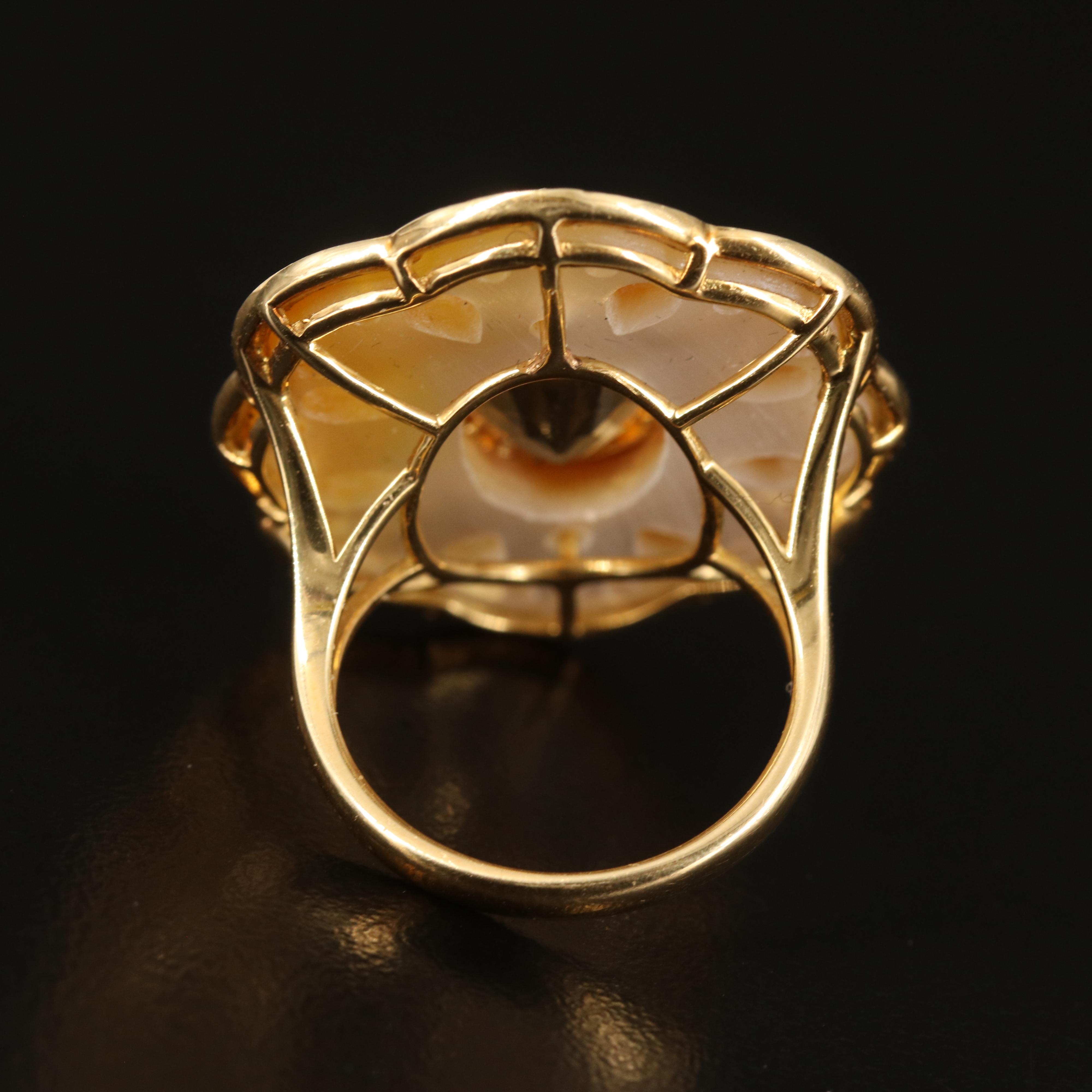 18K Citrine and Shell Ring with Diamond Halo and Sapphire Accents