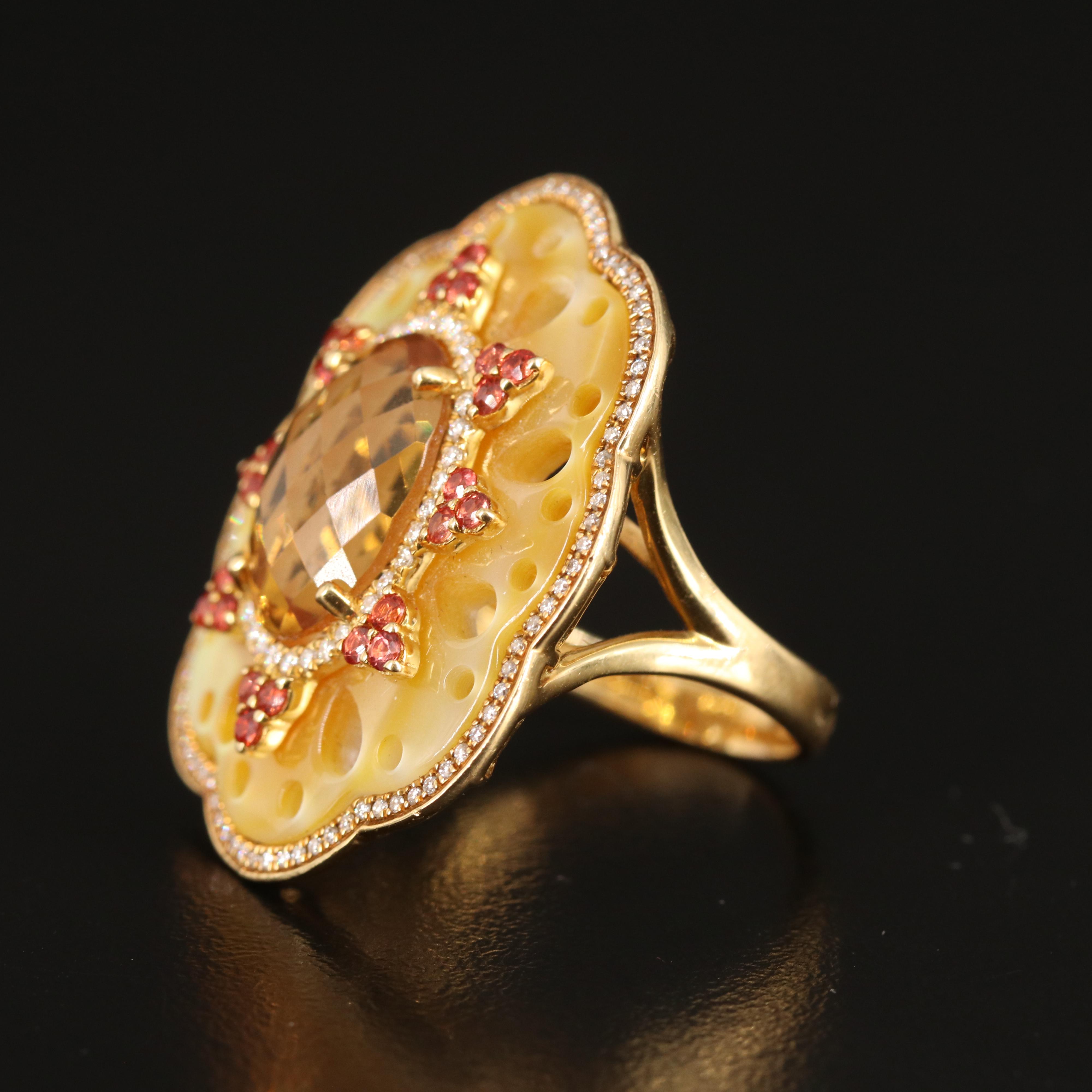 18K Citrine and Shell Ring with Diamond Halo and Sapphire Accents