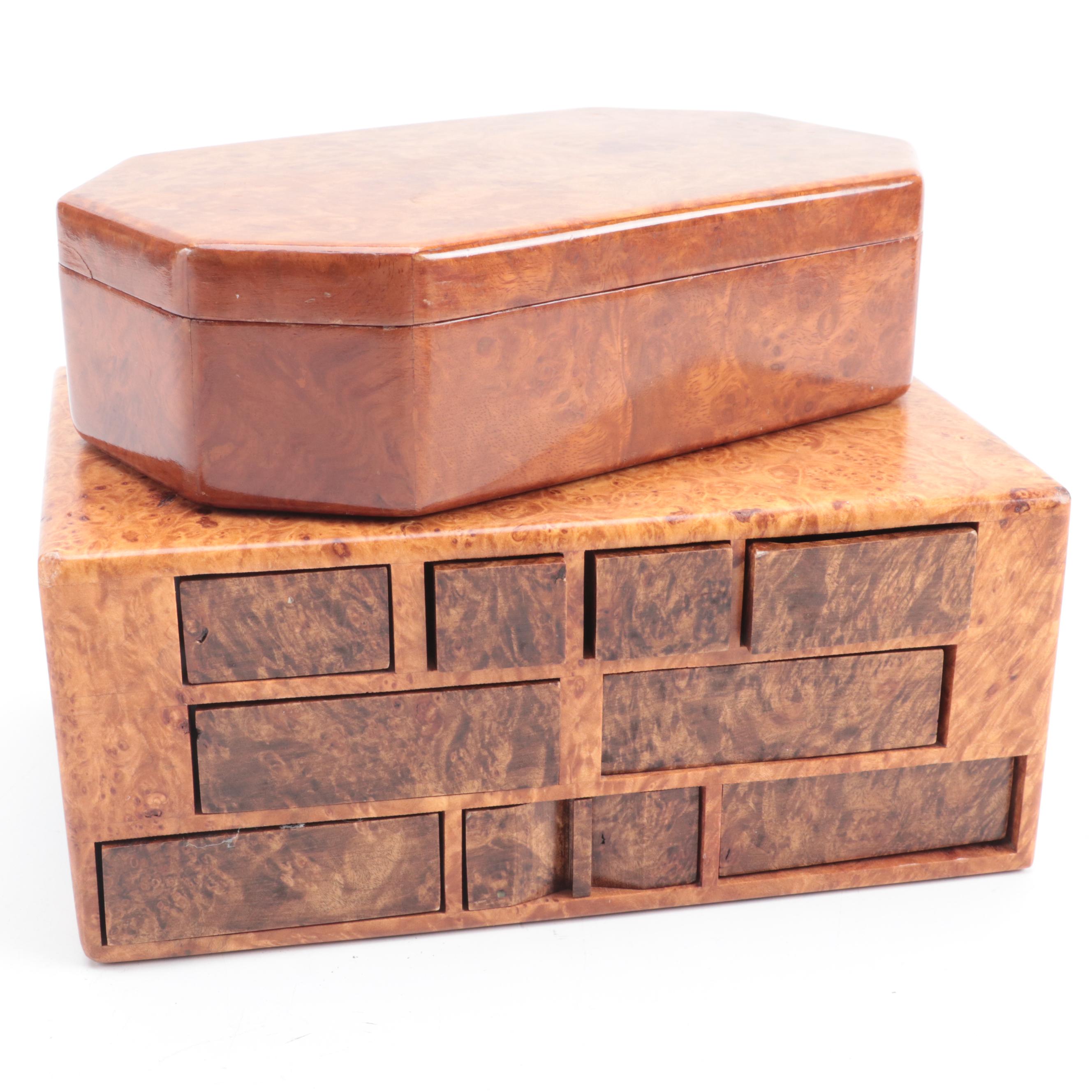 Jeff Vollmer Burl Wood "Puzzle" Jewelry Box with Other Lacquered Burl Wood Box