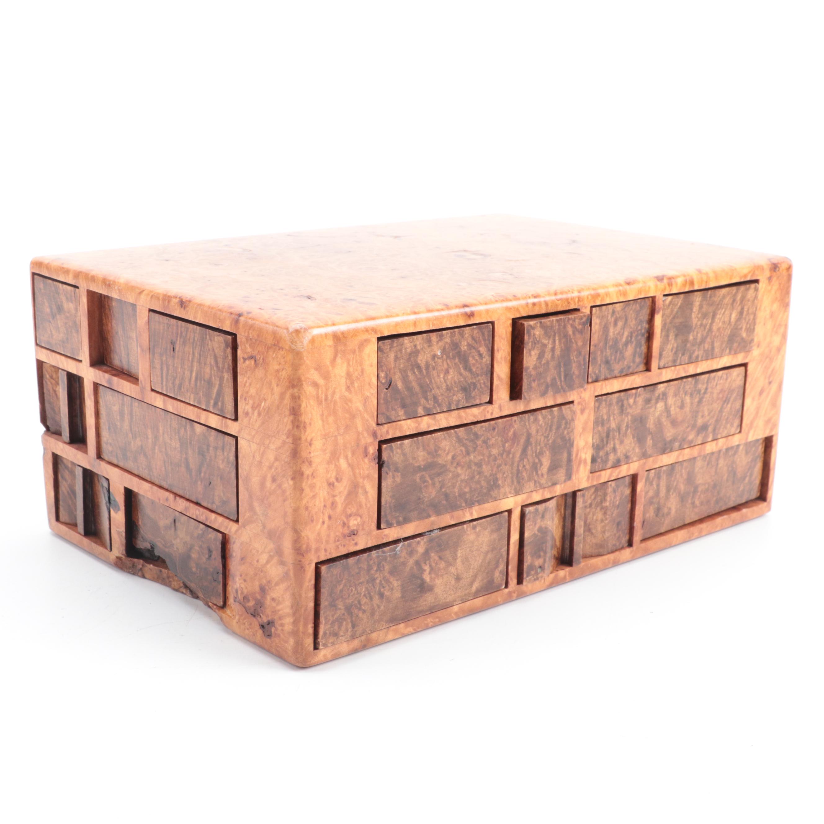 Jeff Vollmer Burl Wood "Puzzle" Jewelry Box with Other Lacquered Burl Wood Box