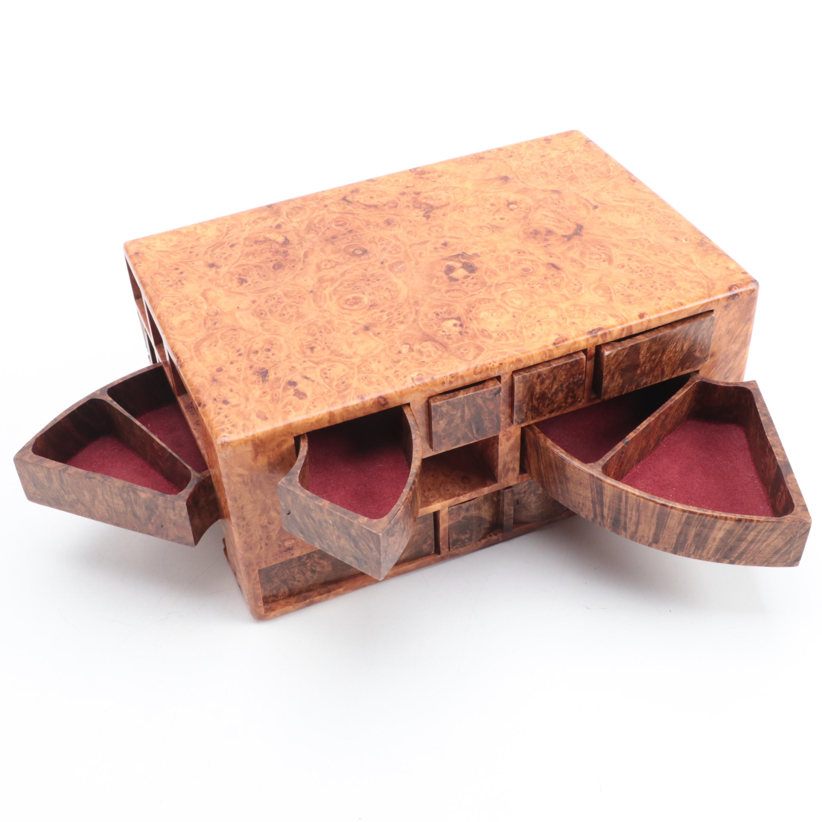 Jeff Vollmer Burl Wood "Puzzle" Jewelry Box with Other Lacquered Burl Wood Box