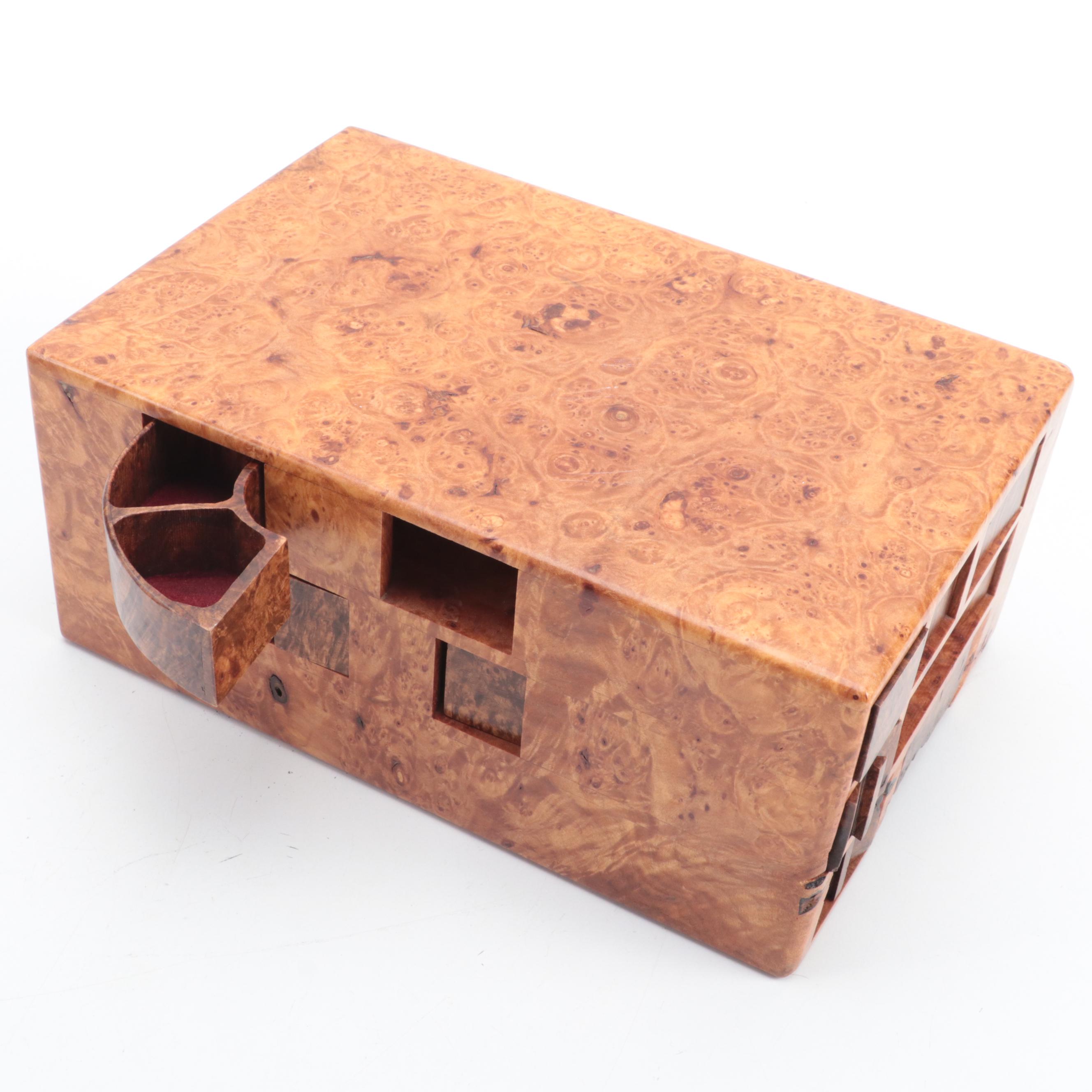 Jeff Vollmer Burl Wood "Puzzle" Jewelry Box with Other Lacquered Burl Wood Box