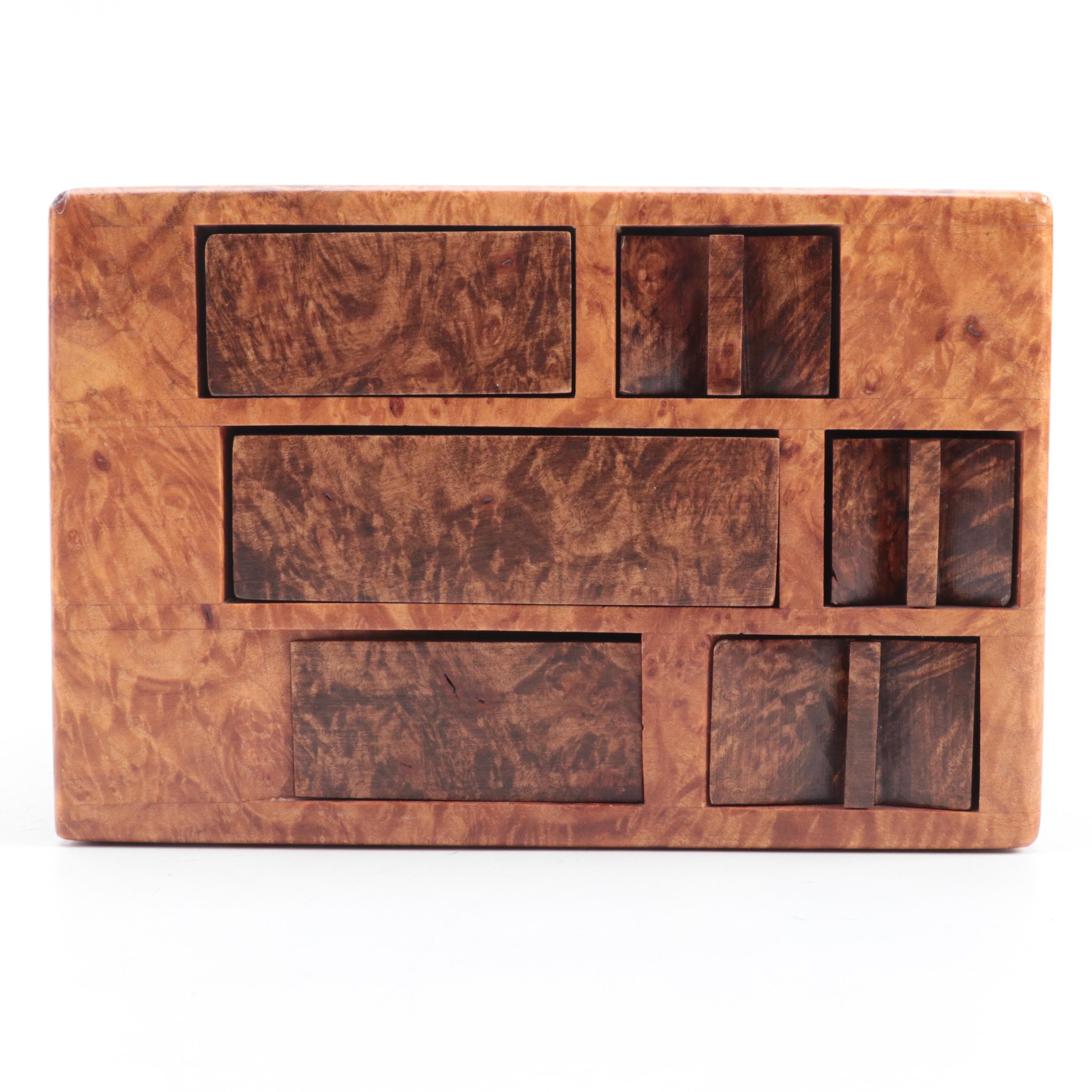 Jeff Vollmer Burl Wood "Puzzle" Jewelry Box with Other Lacquered Burl Wood Box