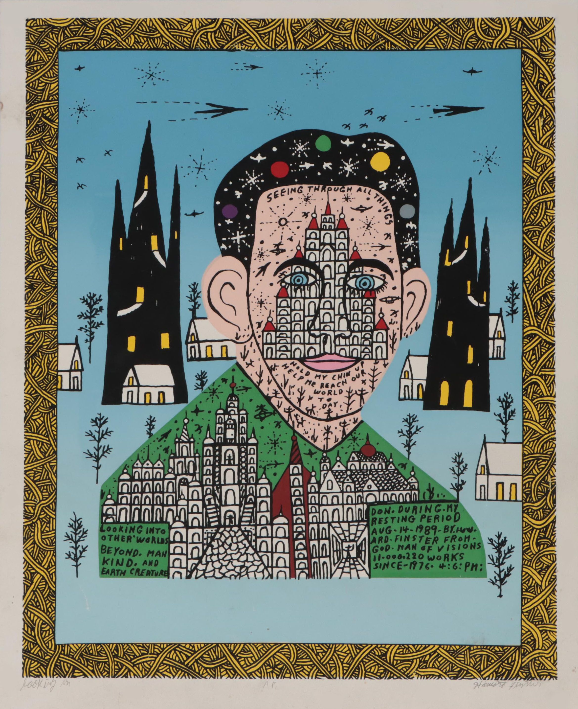 Howard Finster Folk Art Serigraph "Looking In," Circa 1989