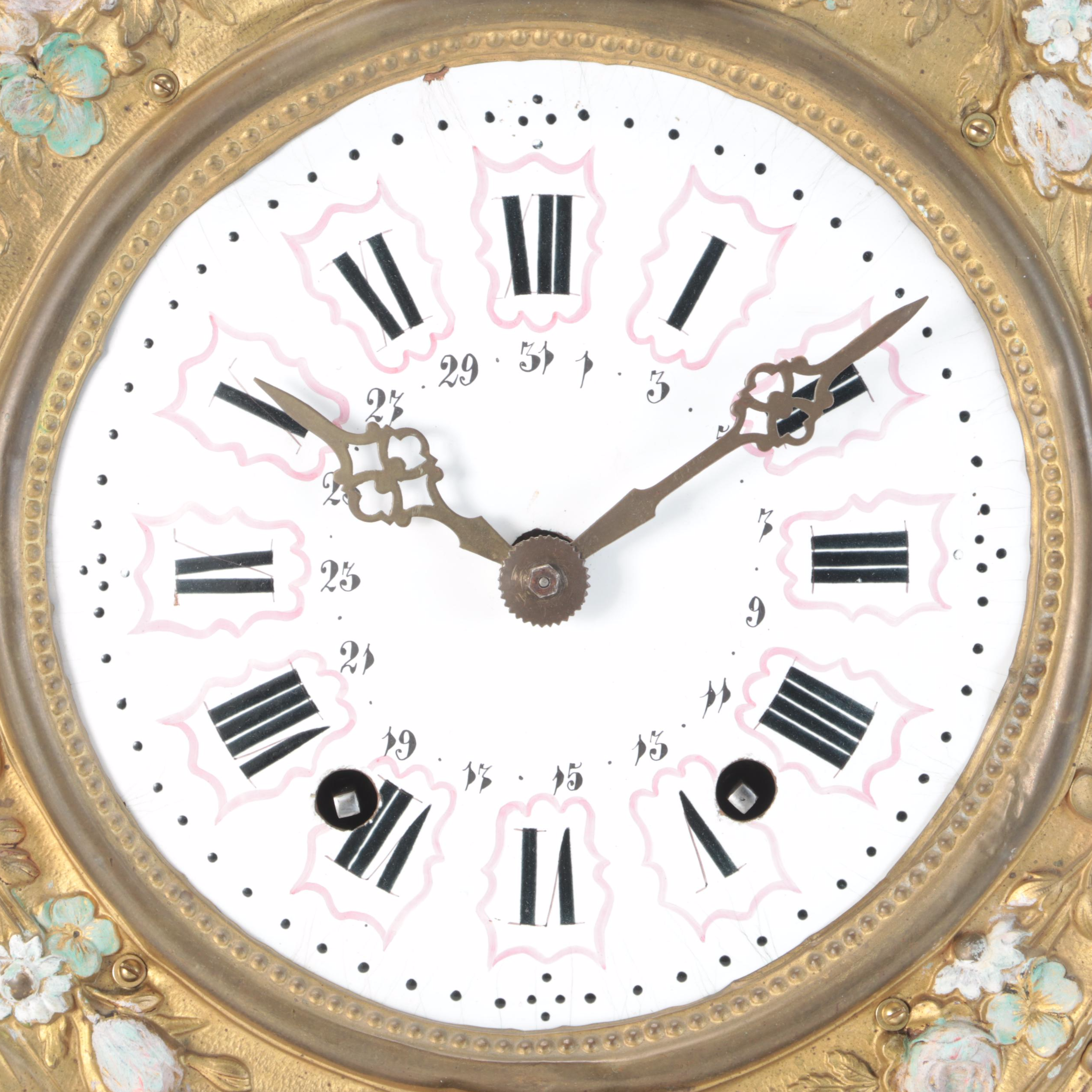 French Repoussé Enameled Brass Morbier Wall Clock, Mid to Late 19th Century