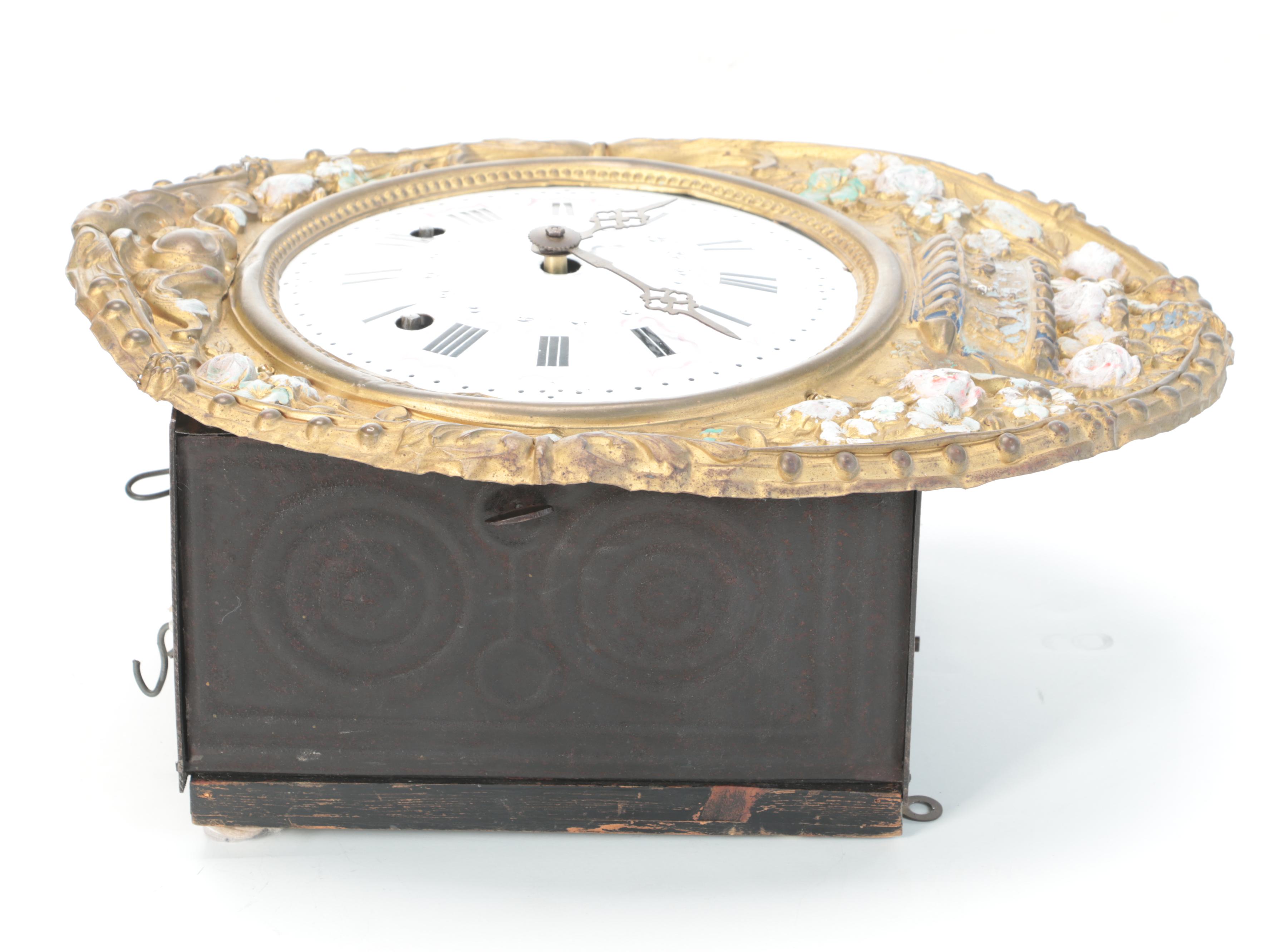 French Repoussé Enameled Brass Morbier Wall Clock, Mid to Late 19th Century