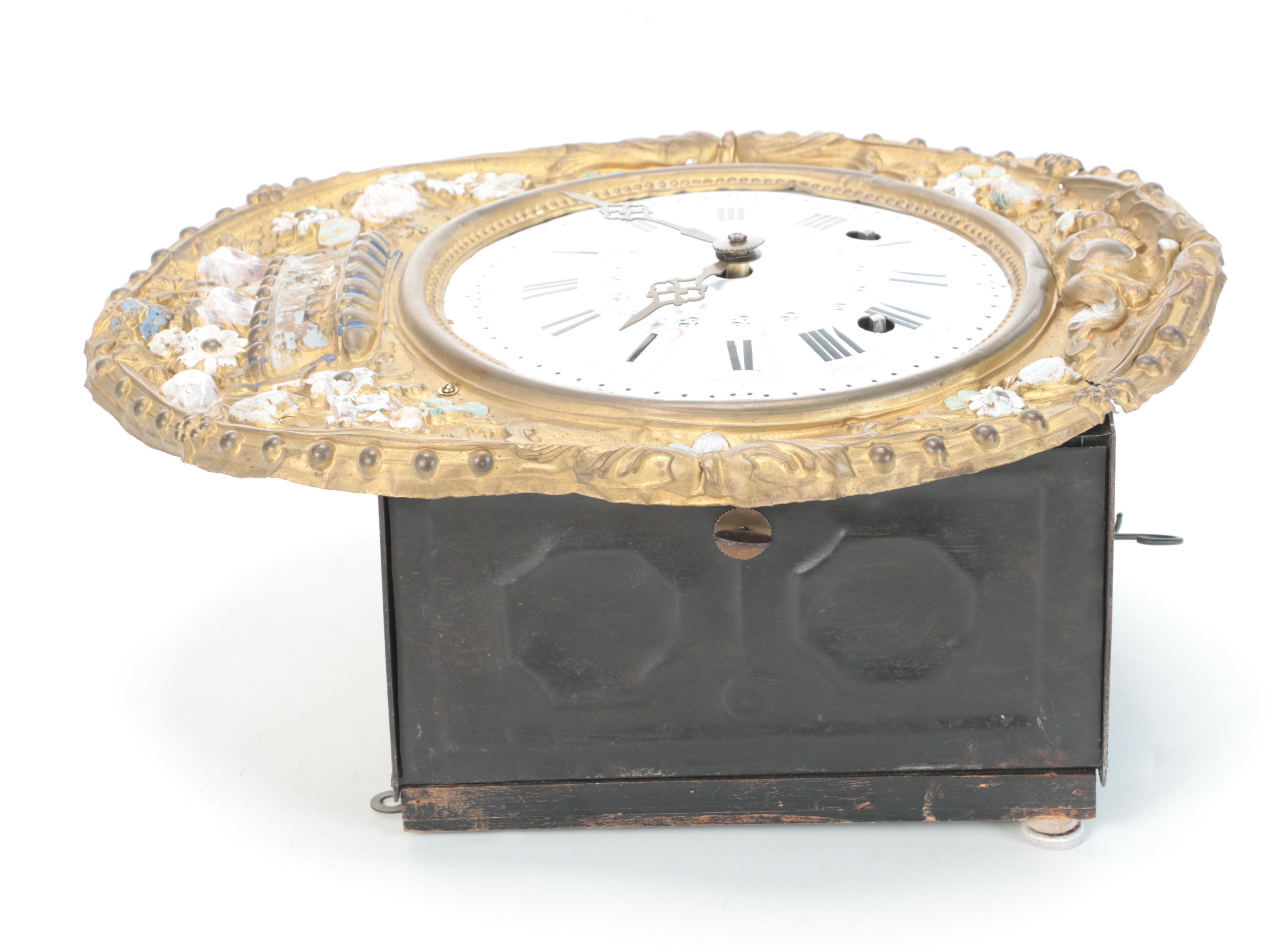 French Repoussé Enameled Brass Morbier Wall Clock, Mid to Late 19th Century