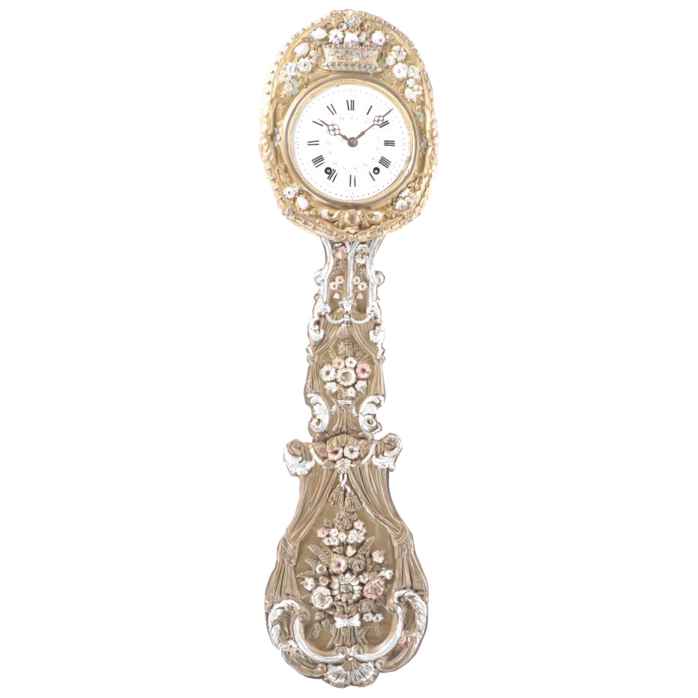 French Repoussé Enameled Brass Morbier Wall Clock, Mid to Late 19th Century