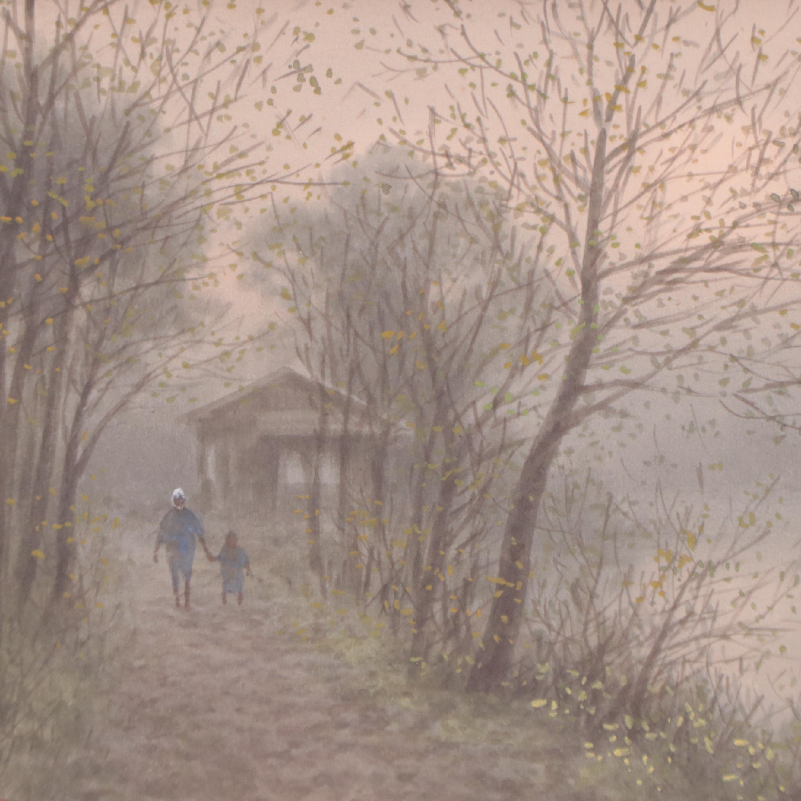 S. Tosuke Watercolor Painting of Figures Walking By River, Early 20th Century