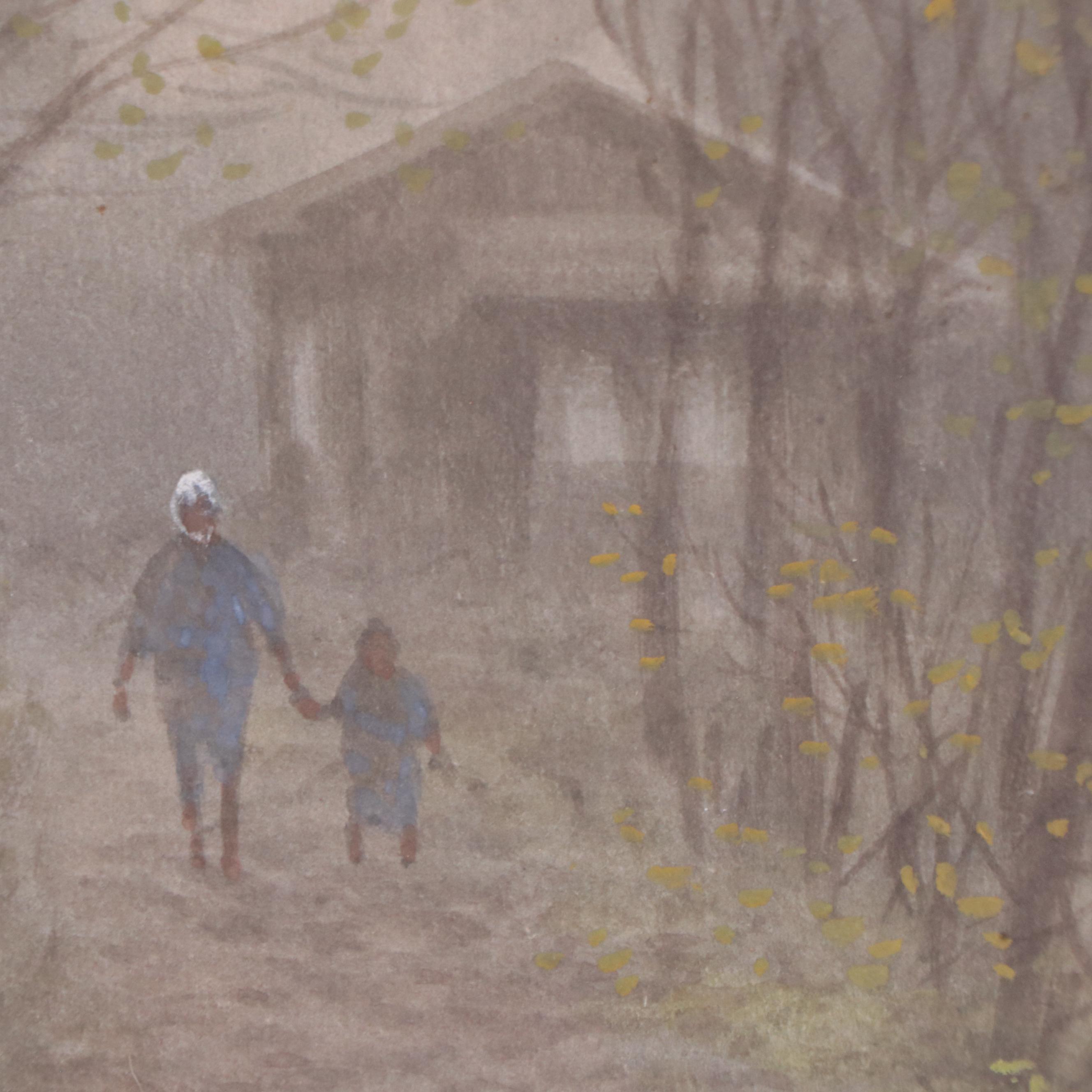 S. Tosuke Watercolor Painting of Figures Walking By River, Early 20th Century