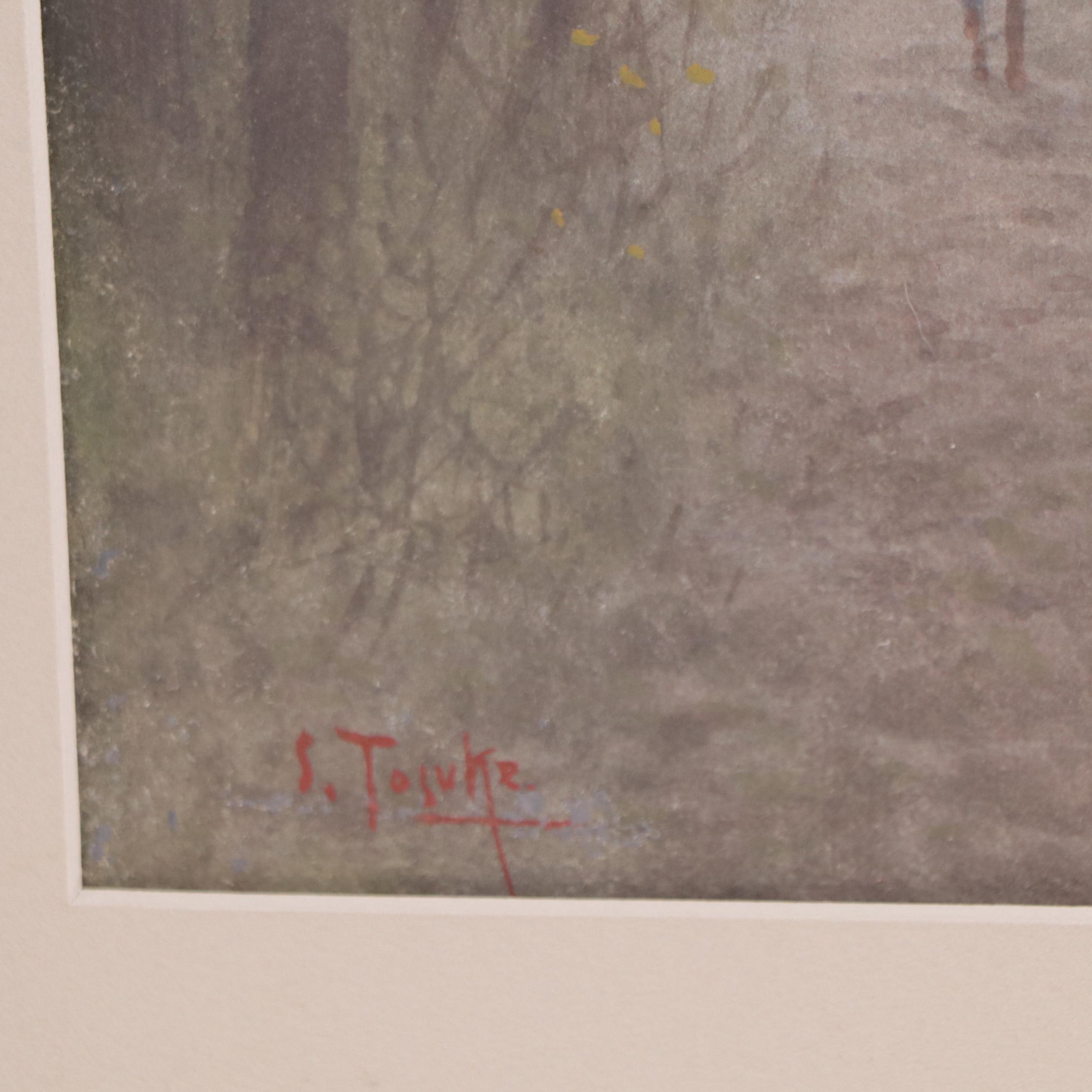 S. Tosuke Watercolor Painting of Figures Walking By River, Early 20th Century