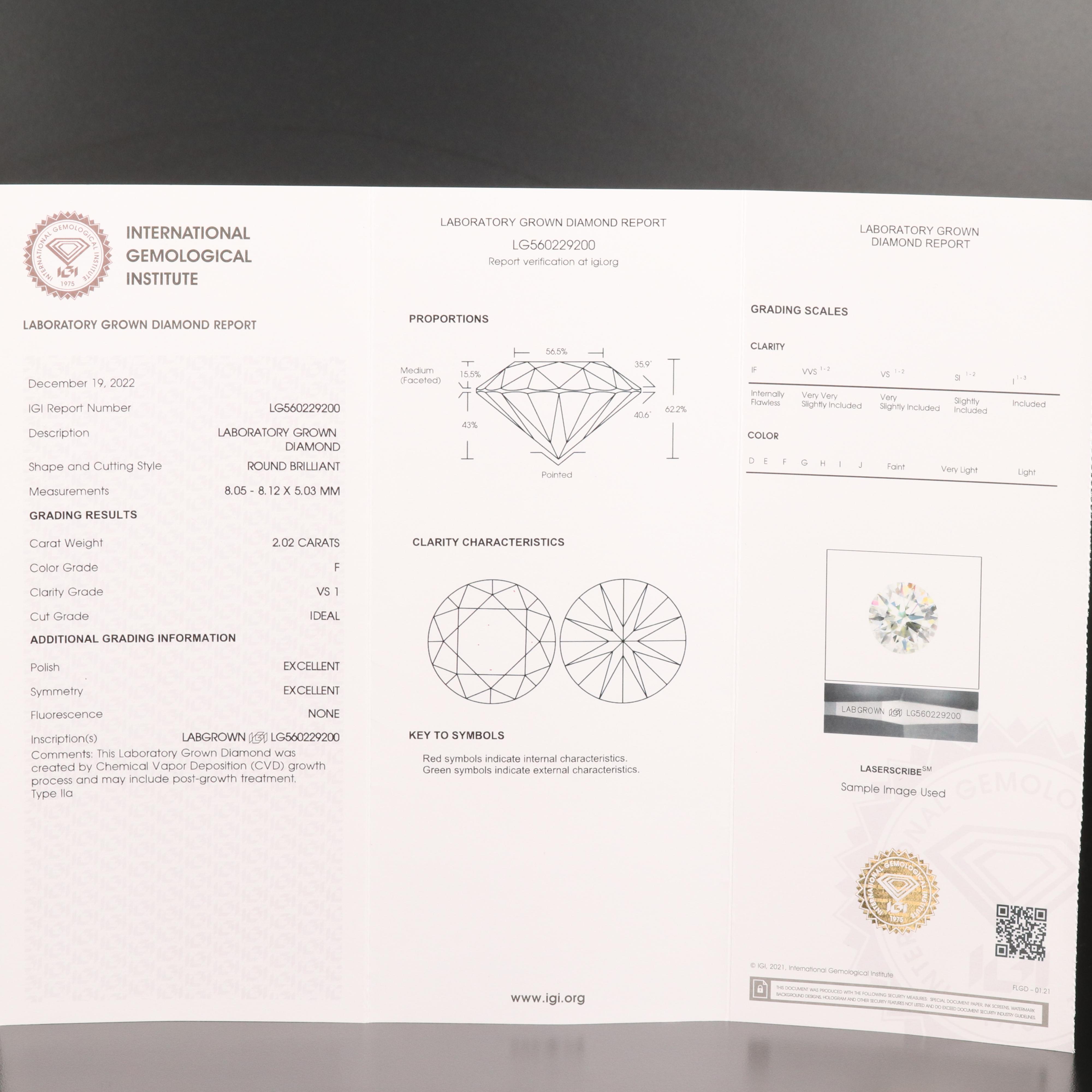 Loose 2.02 CT Lab Grown Diamond with IGI Report