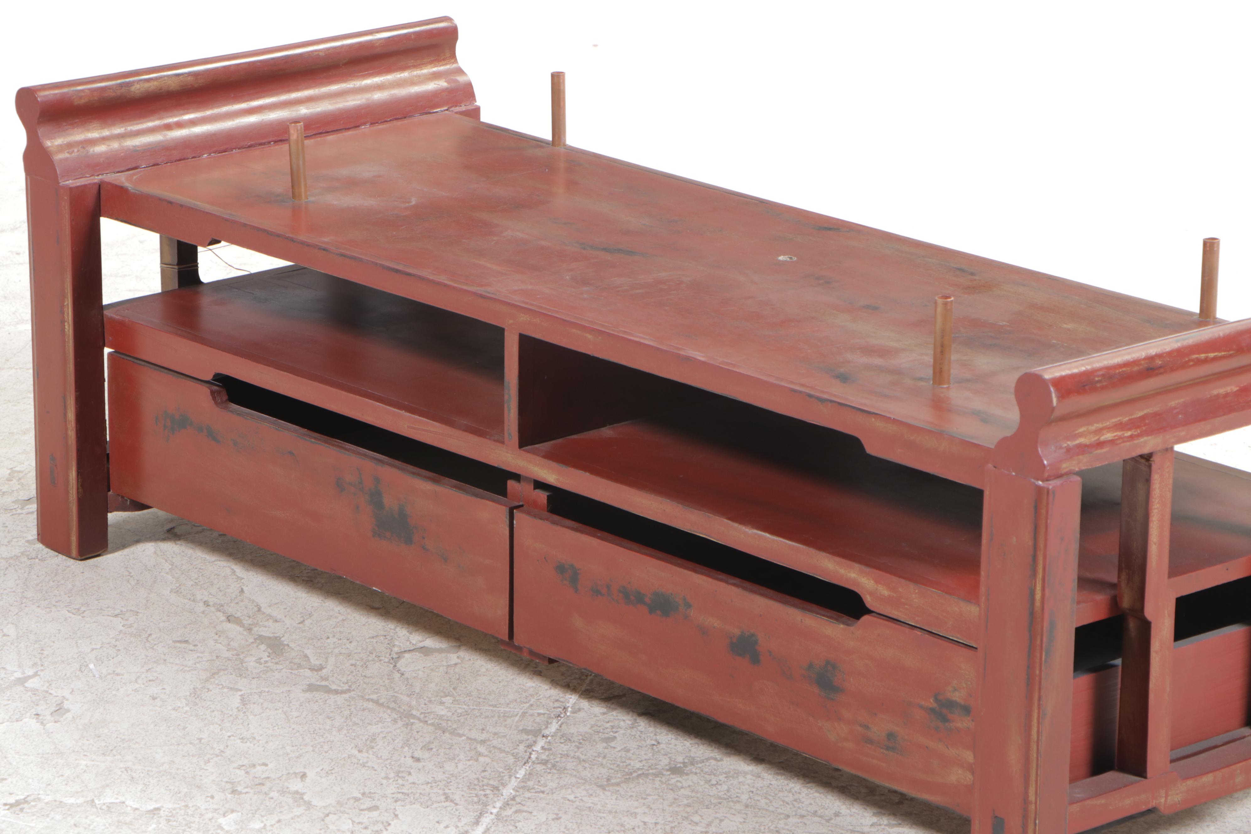 Thai Red and Black Lacquered Wood Media Cabinet, Mid-20th Century