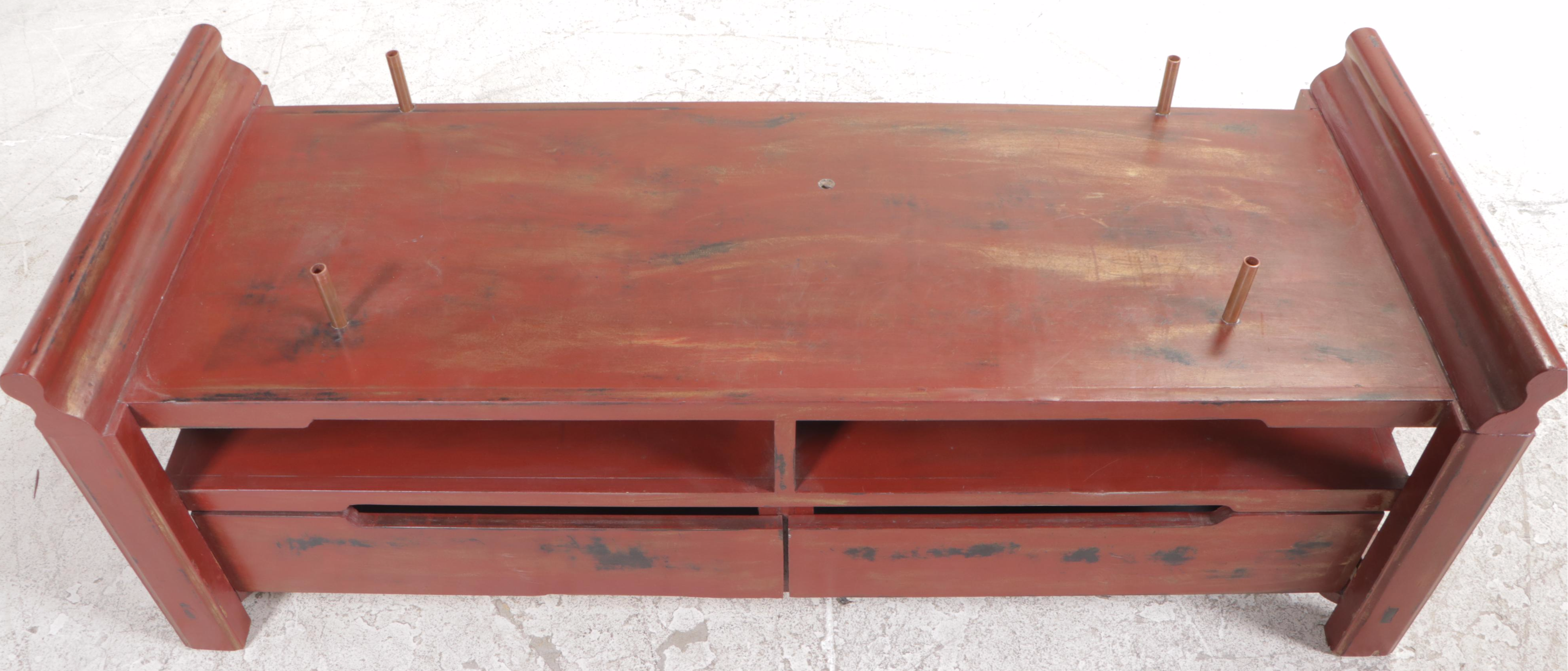 Thai Red and Black Lacquered Wood Media Cabinet, Mid-20th Century