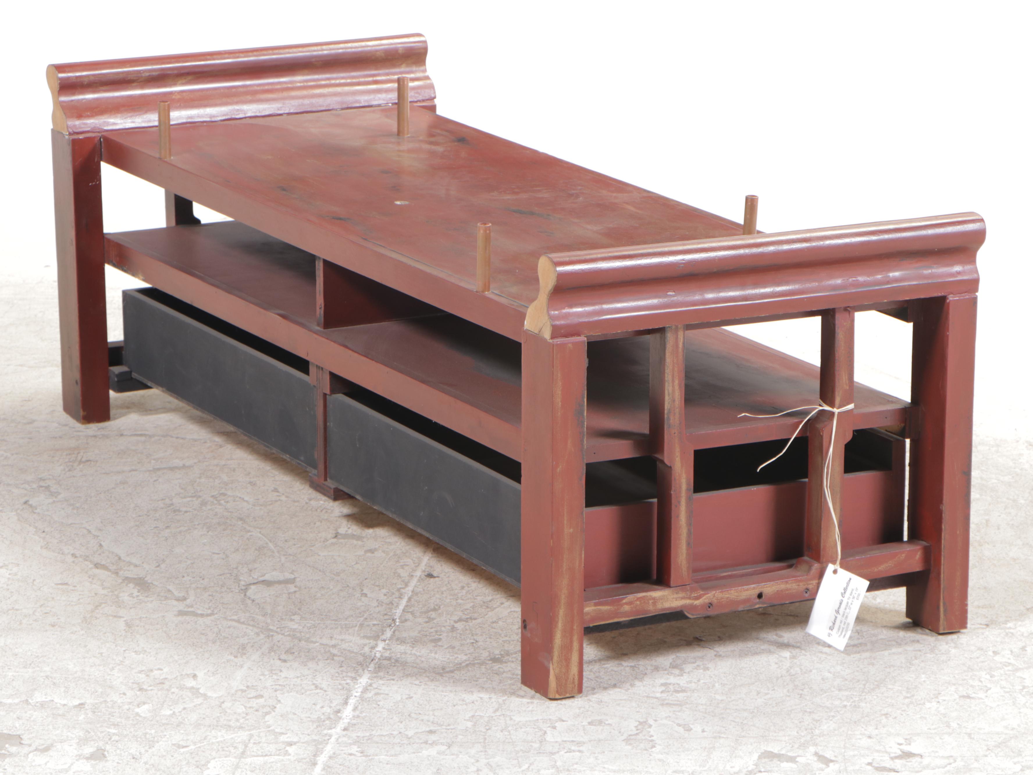 Thai Red and Black Lacquered Wood Media Cabinet, Mid-20th Century