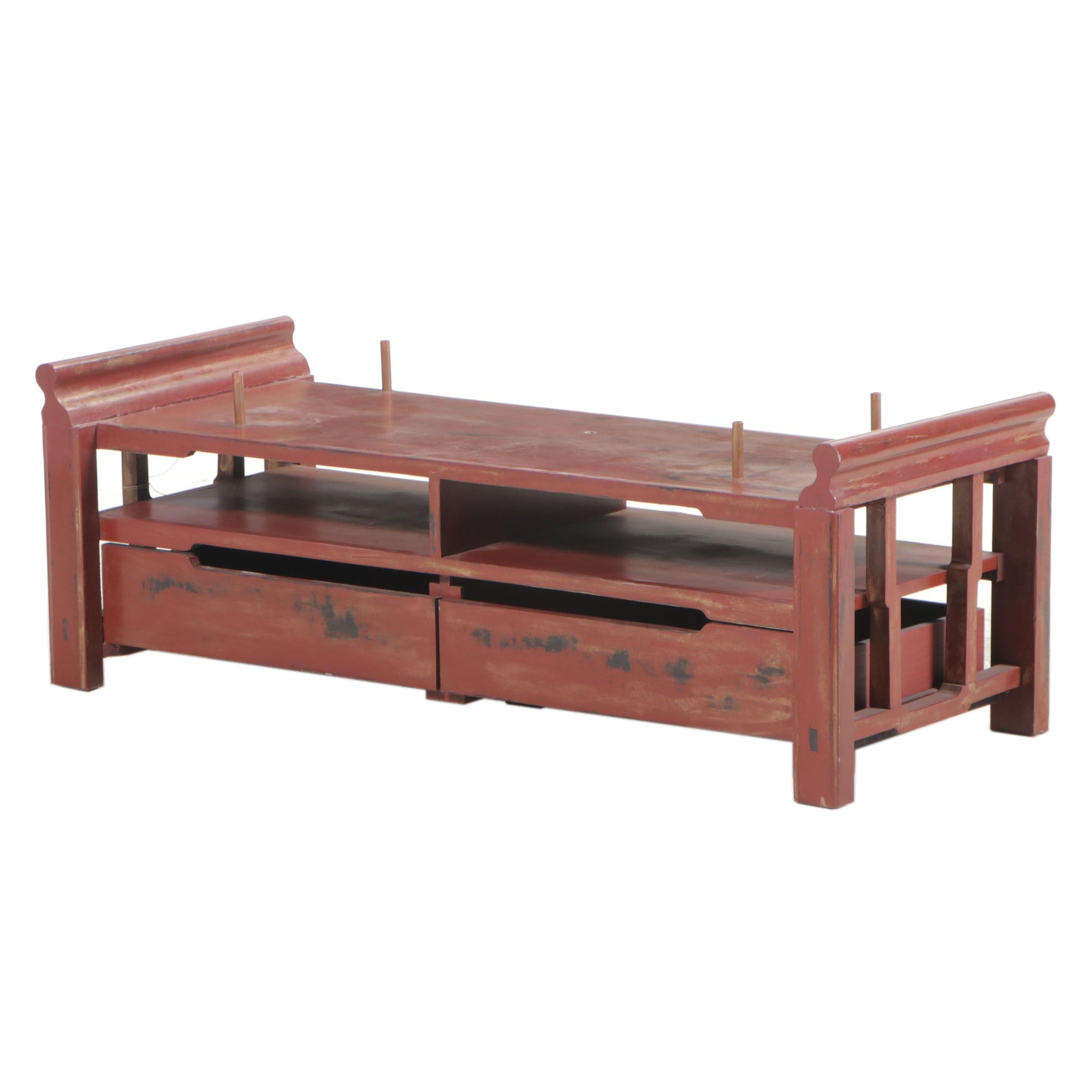 Thai Red and Black Lacquered Wood Media Cabinet, Mid-20th Century