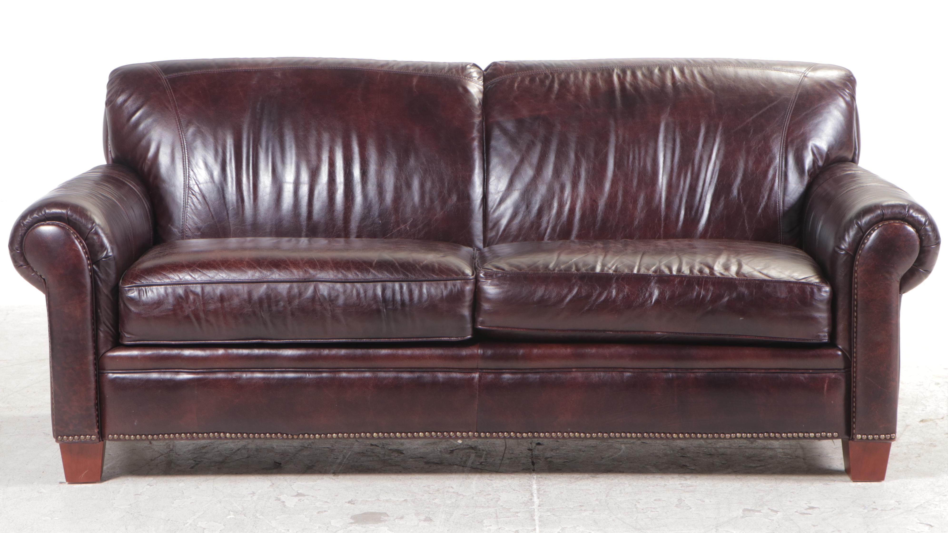 Sofa Express Leather Roll-Arm Sofa with Nailheads