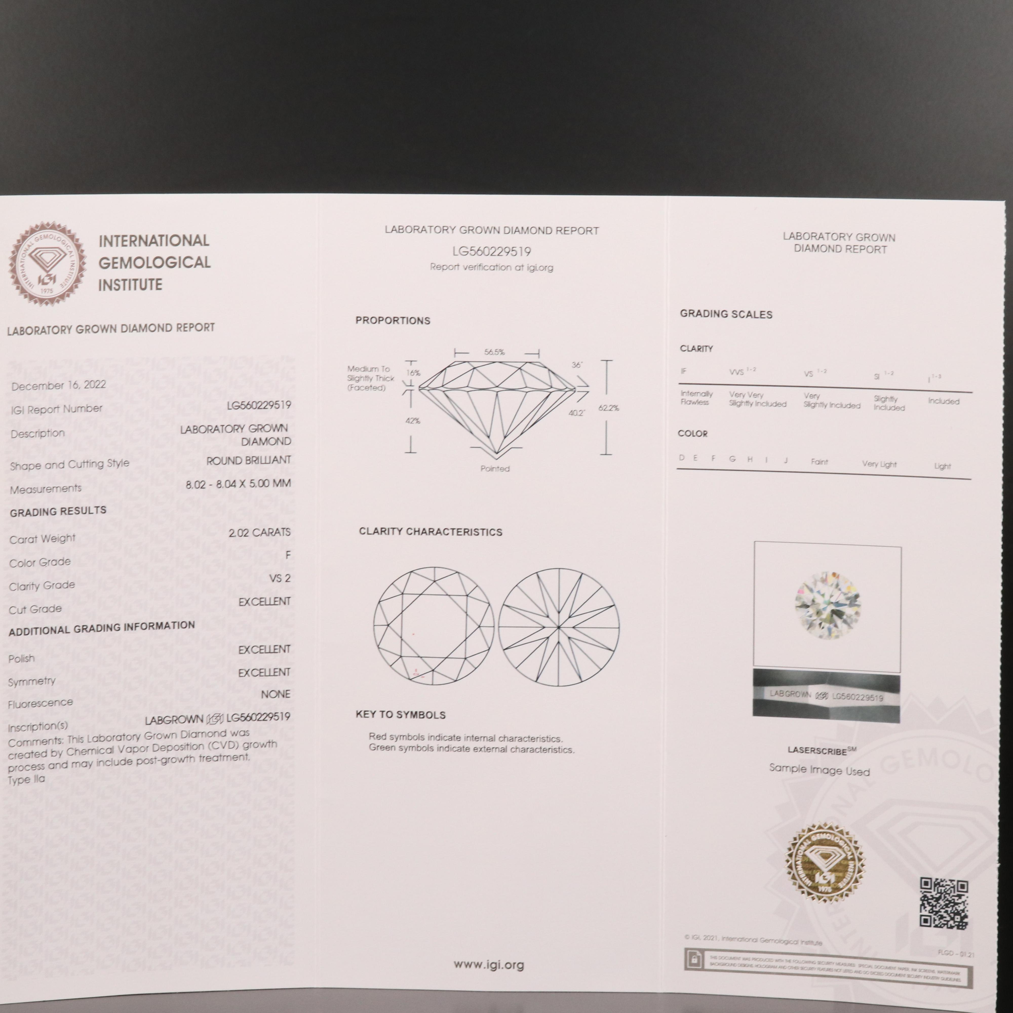 Loose 2.02 CT Lab Grown Diamond with IGI Report