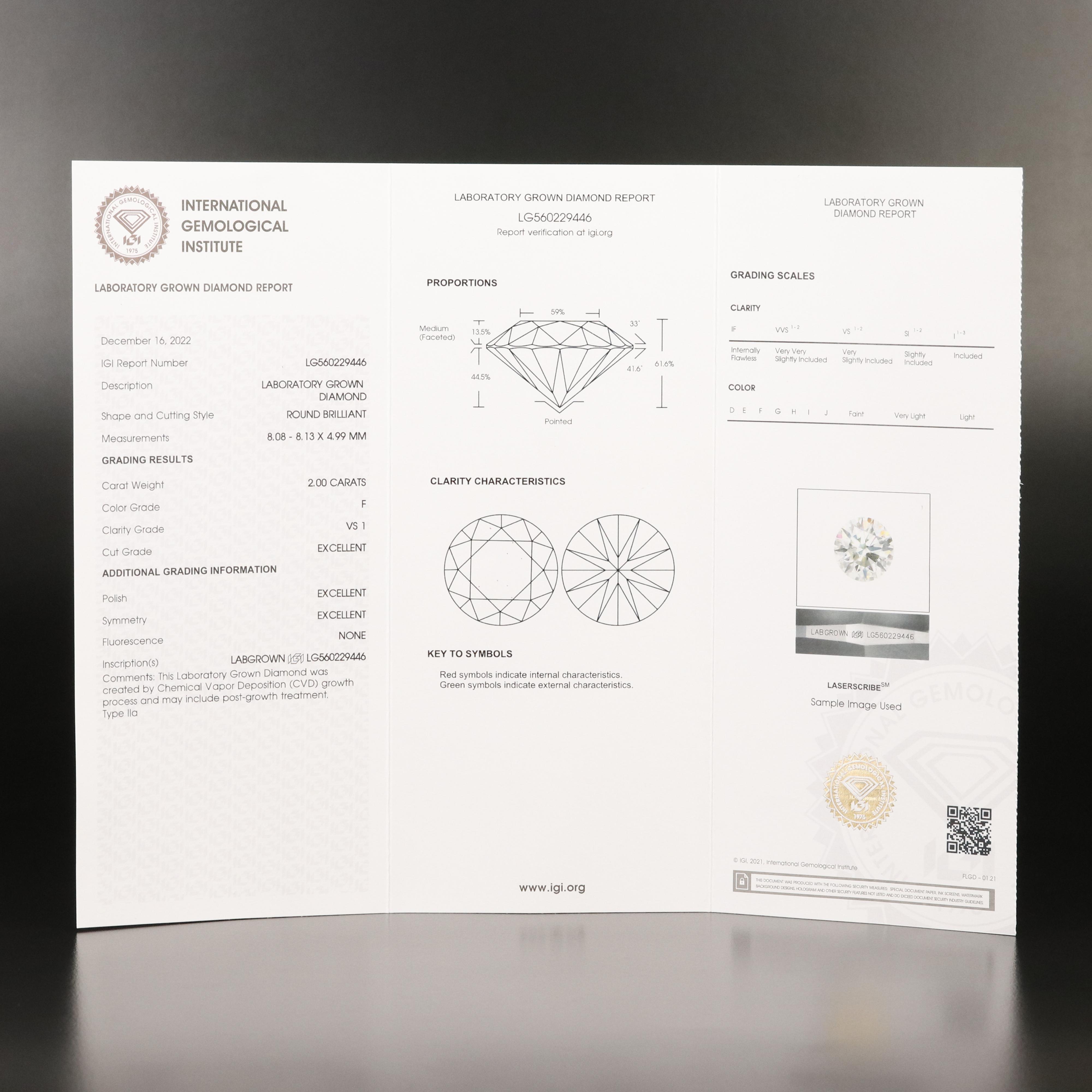 Loose 2.00 CT Lab Grown Diamond with IGI Report