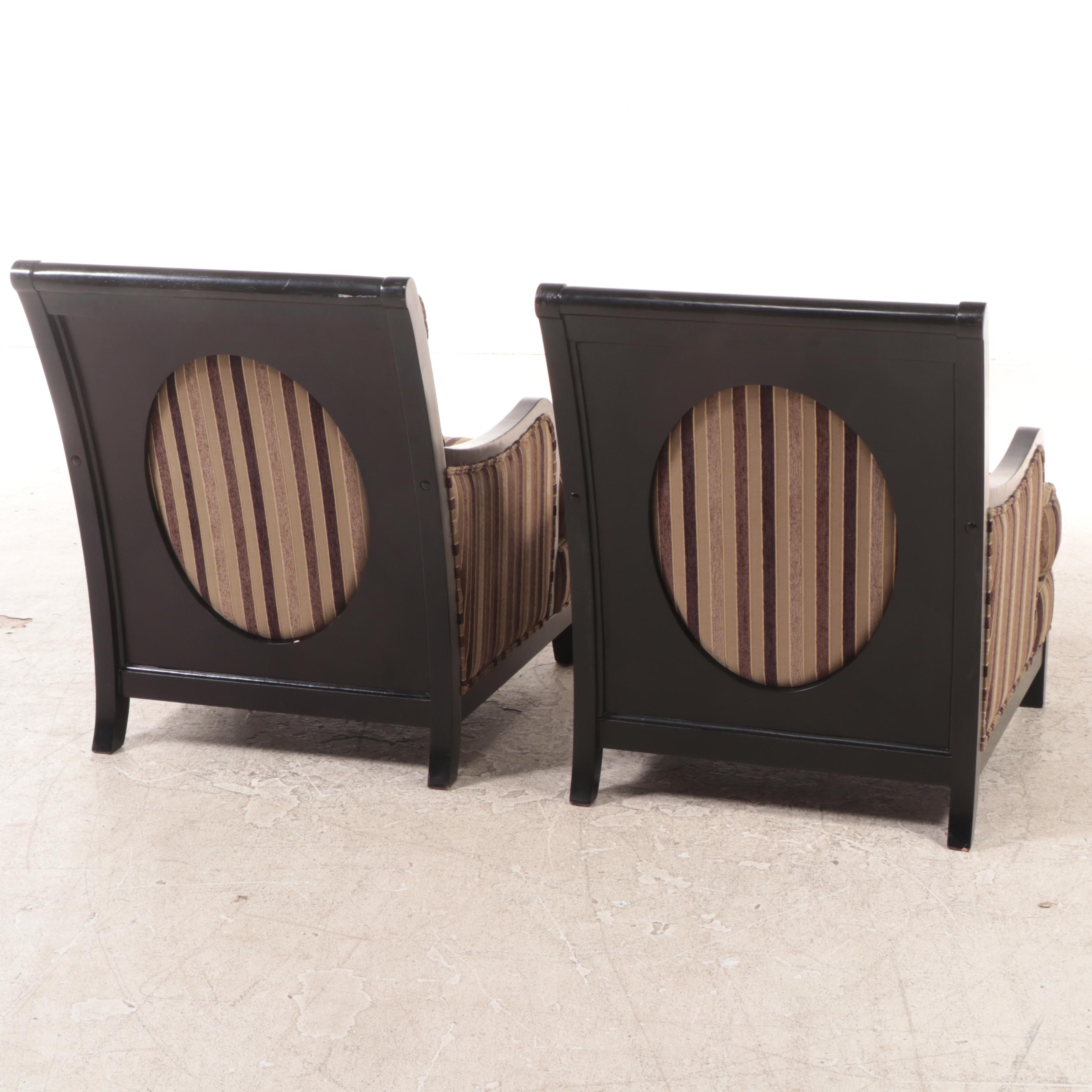 Pair of Cindy Crawford Home Ebonized and Custom-Upholstered Easy Armchairs