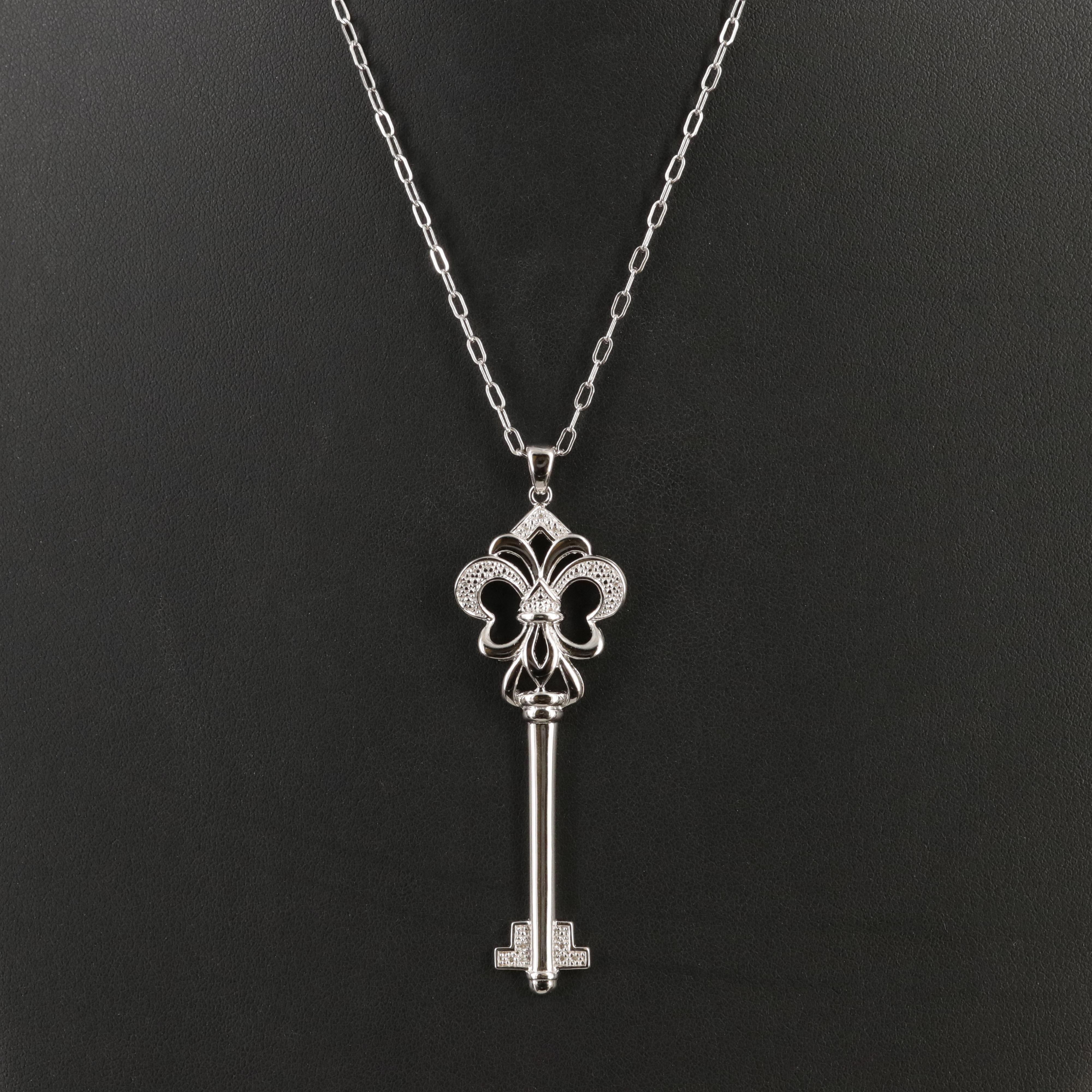 Sterling Diamond Skeleton Key Pendant Necklace