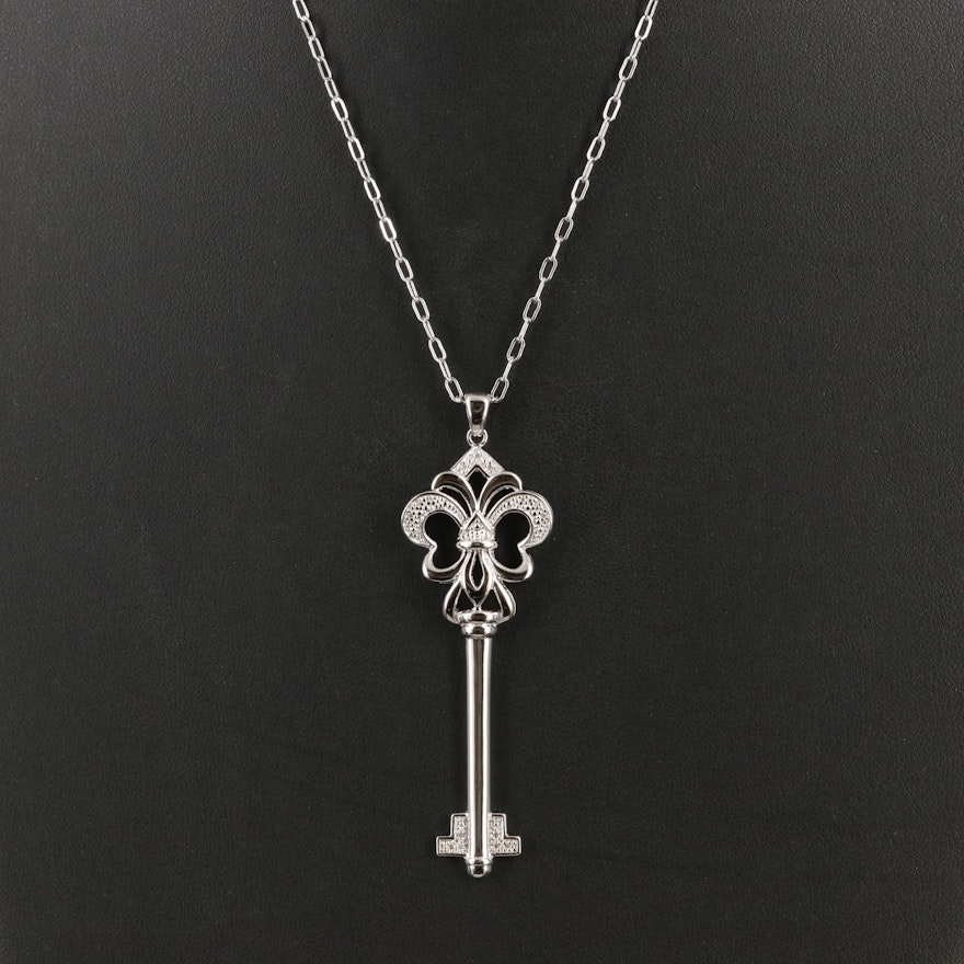 Sterling Diamond Skeleton Key Pendant Necklace