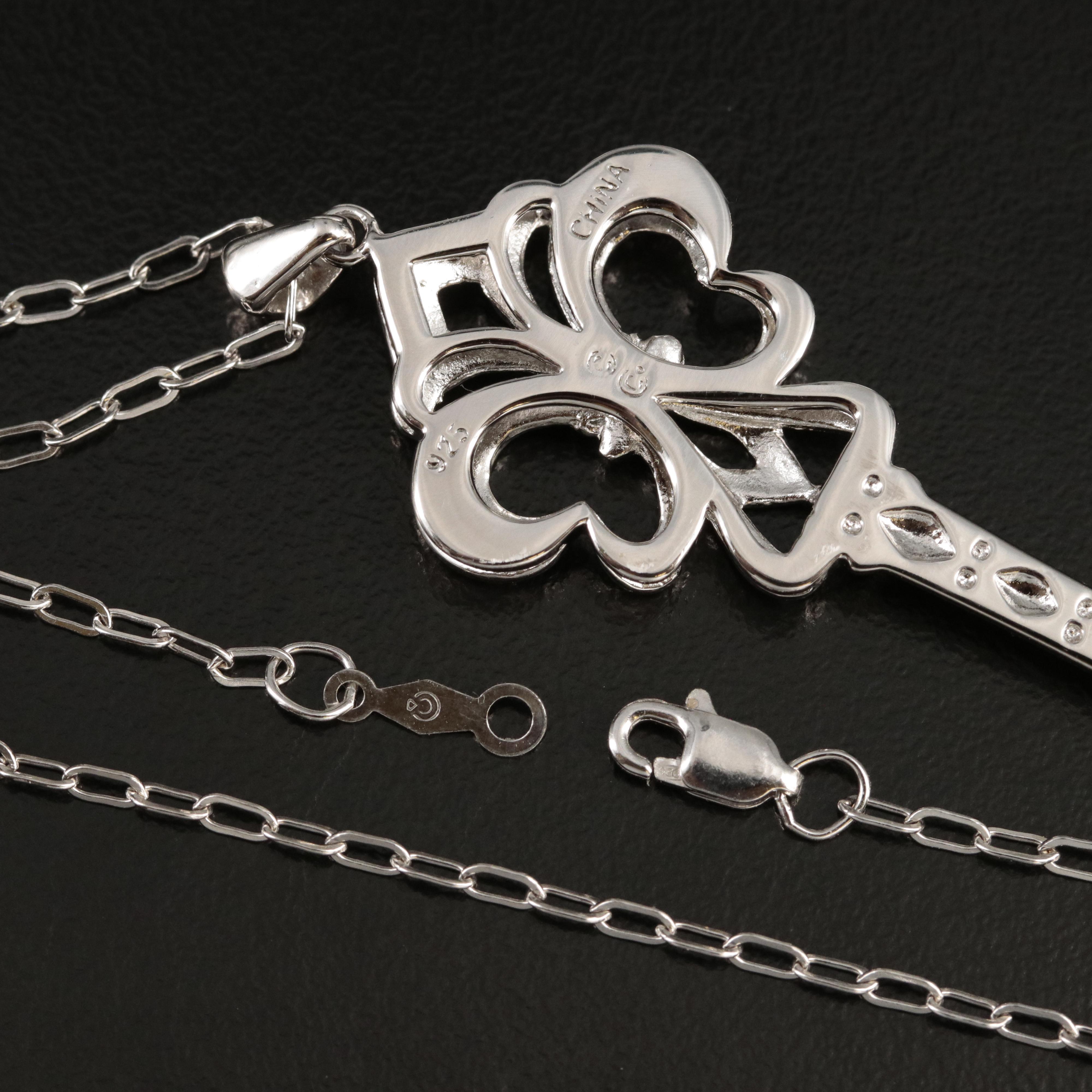 Sterling Diamond Skeleton Key Pendant Necklace