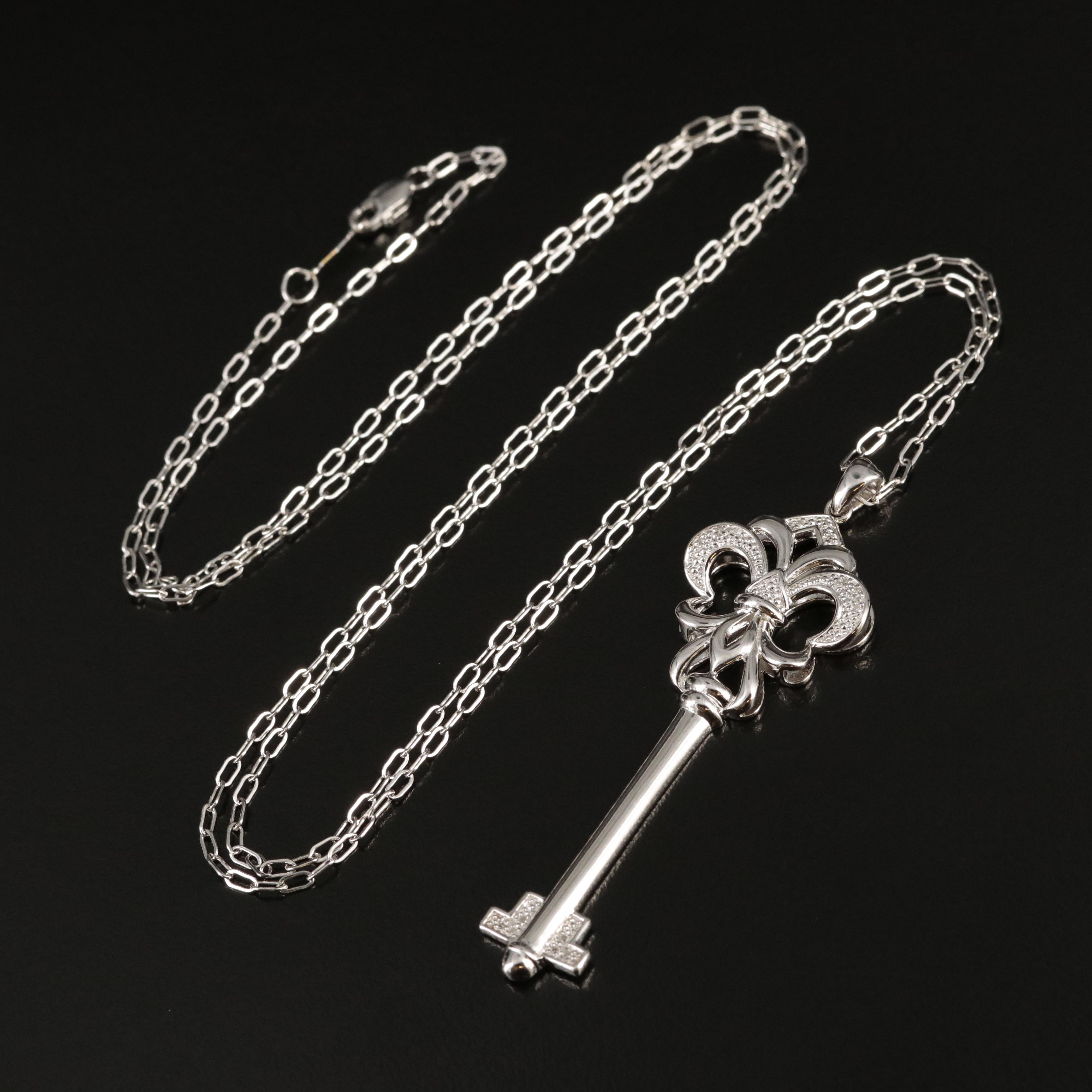 Sterling Diamond Skeleton Key Pendant Necklace