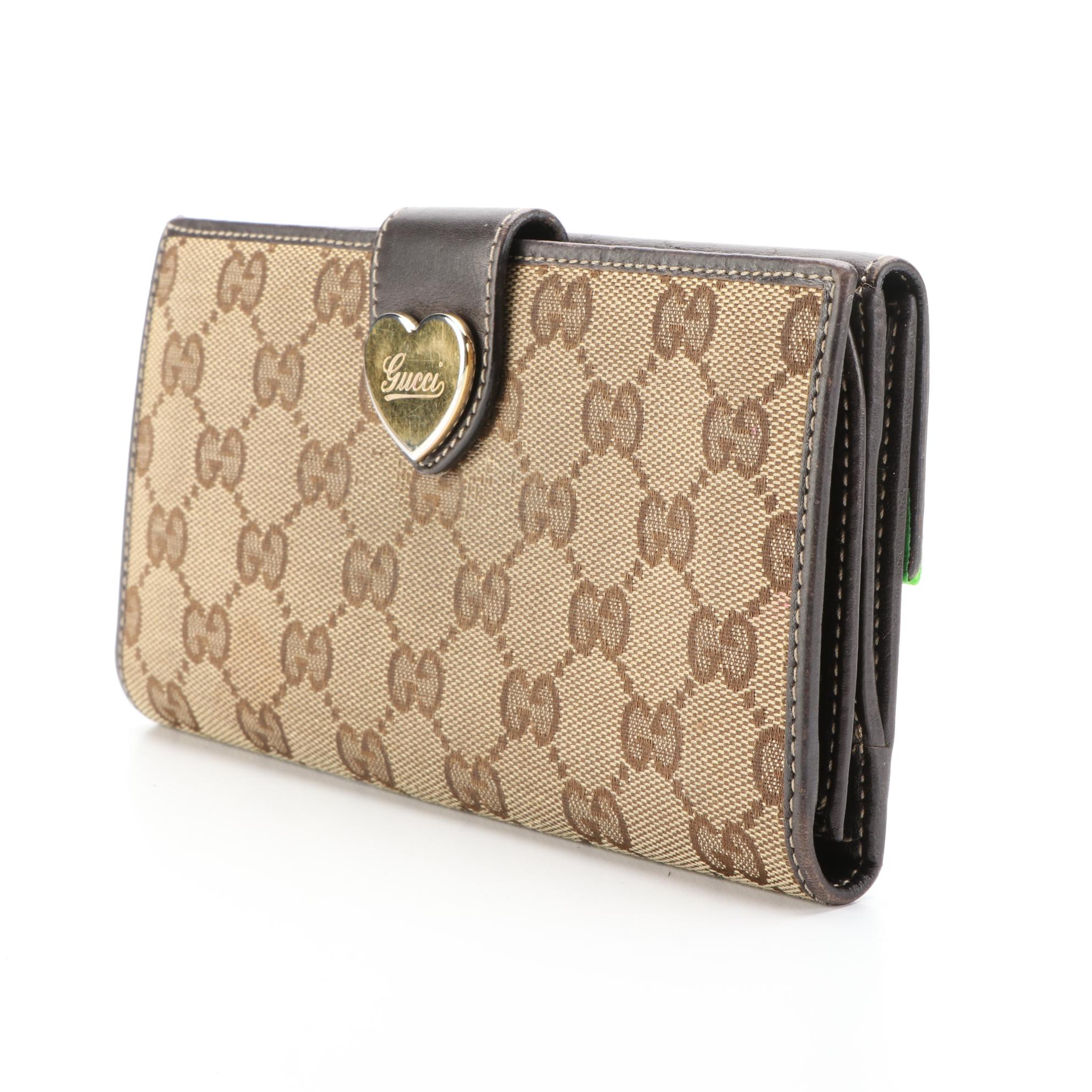 Gucci Heart Charm Continental Wallet in GG Canvas and Dark Brown Leather w/Box