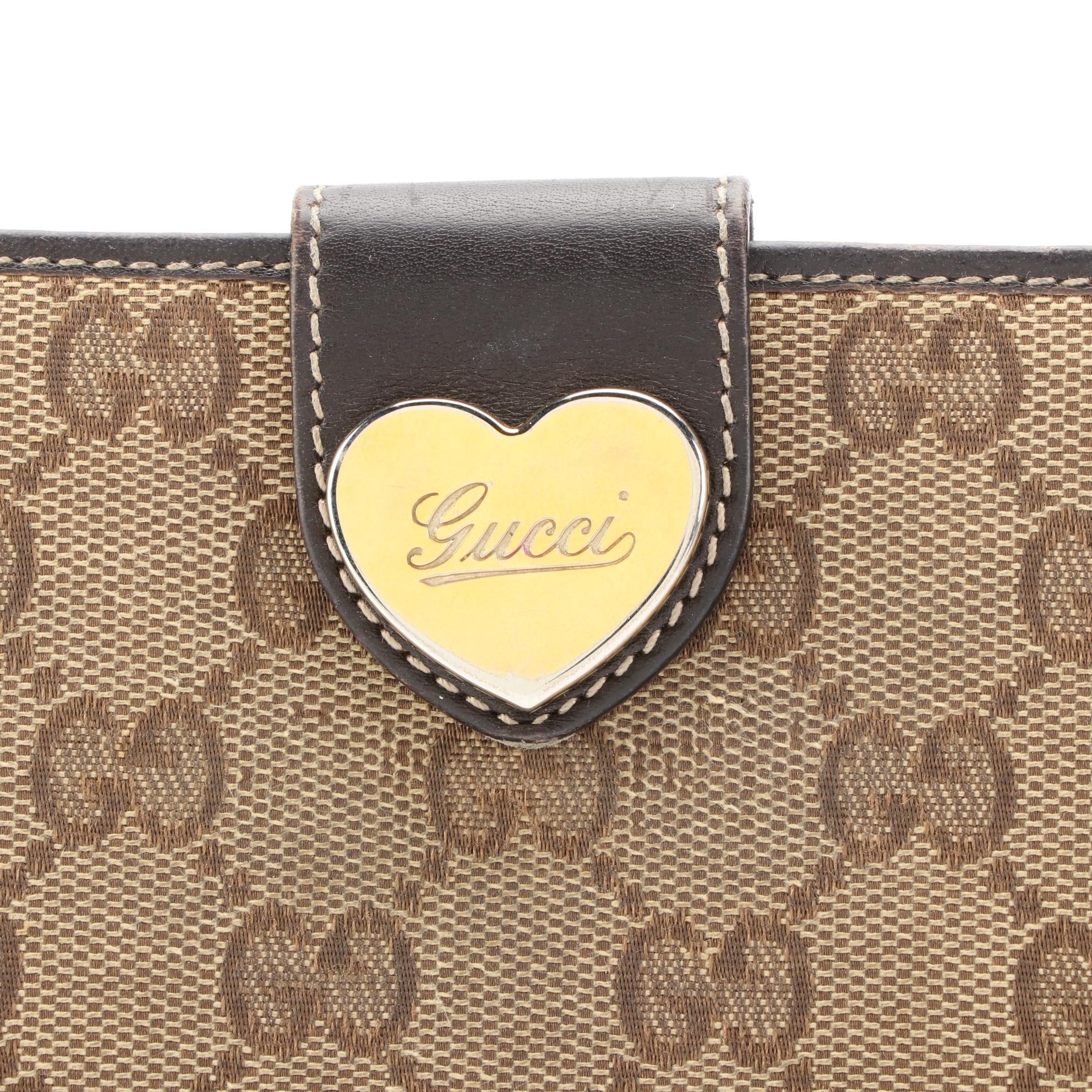 Gucci Heart Charm Continental Wallet in GG Canvas and Dark Brown Leather w/Box